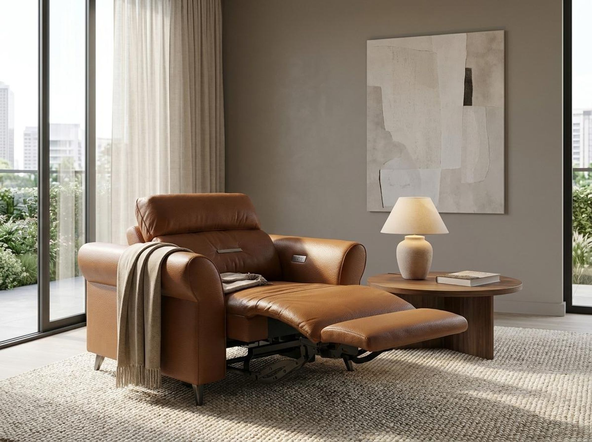 Florian Compact Seat,Electric Recliner Mechanism, 1 Seater ( 1 RR), Ritz Tan Vegan Leather