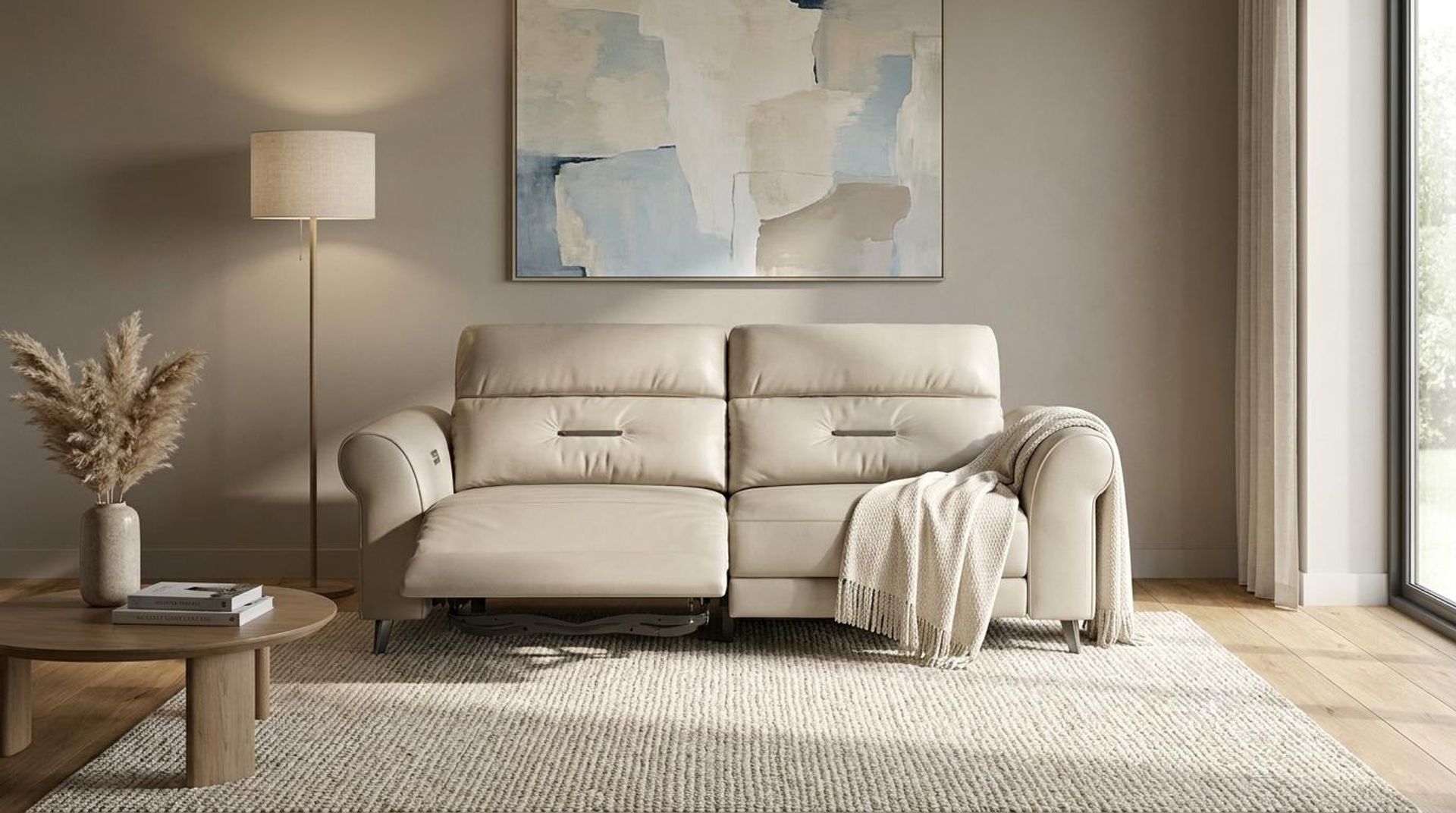 Florian Compact Seat,Electric Recliner Mechanism, 2 Seater ( 2 RR), Alabaster Veil Vegan Leather