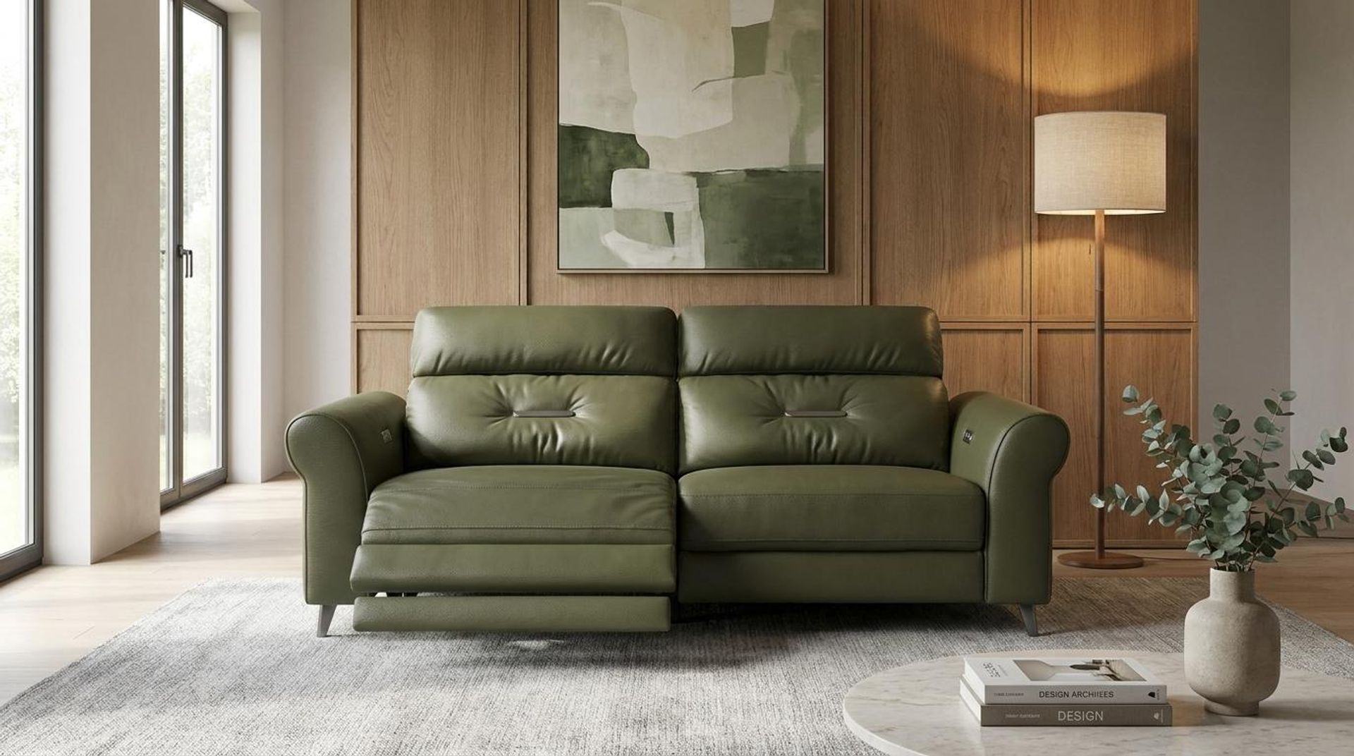 Florian Compact Seat,Electric Recliner Mechanism, 2 Seater ( 2 RR), Olivewood Vegan Leather