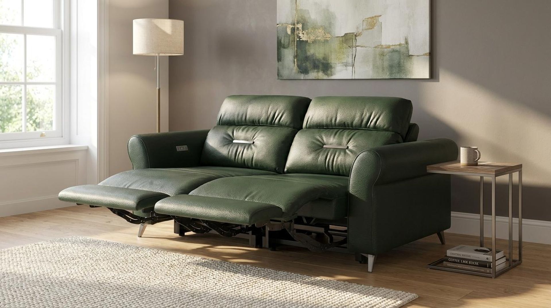 Florian Compact Seat,Electric Recliner Mechanism, 2 Seater ( 2 RR), Valencia Green Vegan Leather