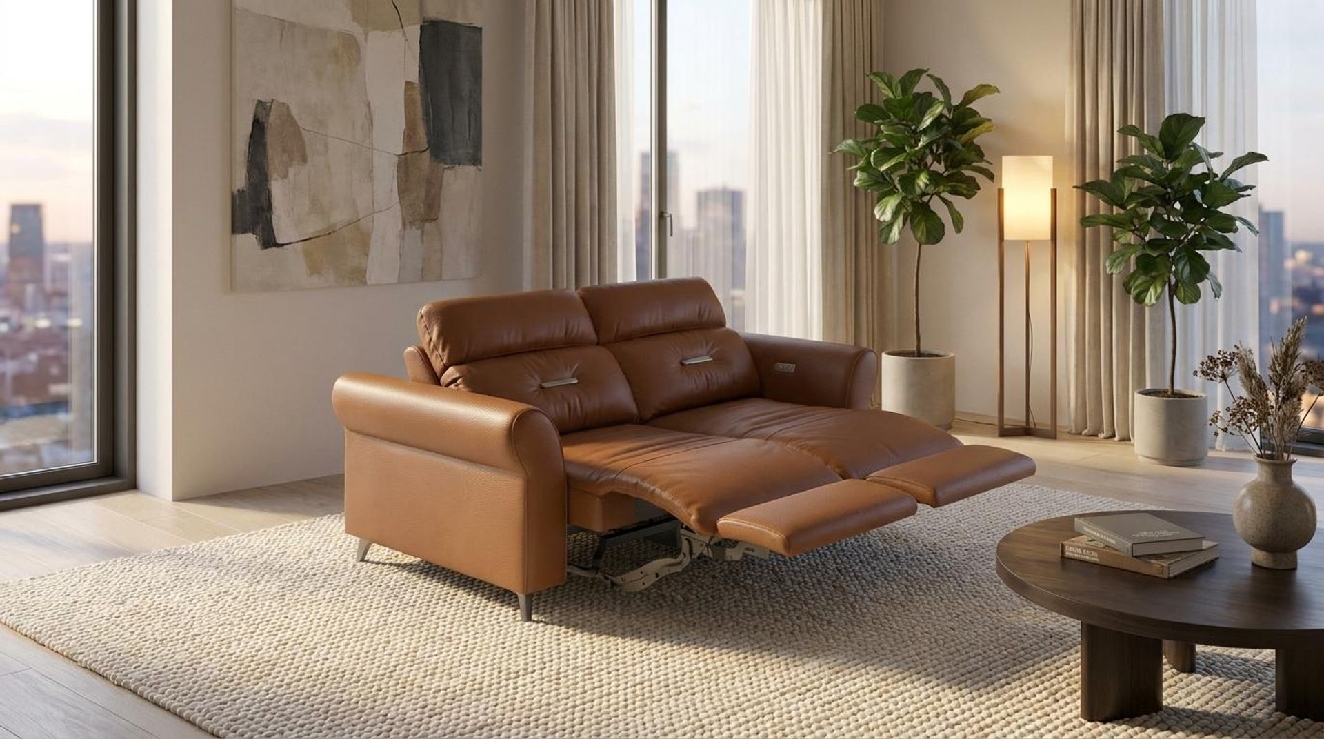 Florian Compact Seat,Electric Recliner Mechanism, 2 Seater ( 2 RR), Ritz Tan Vegan Leather