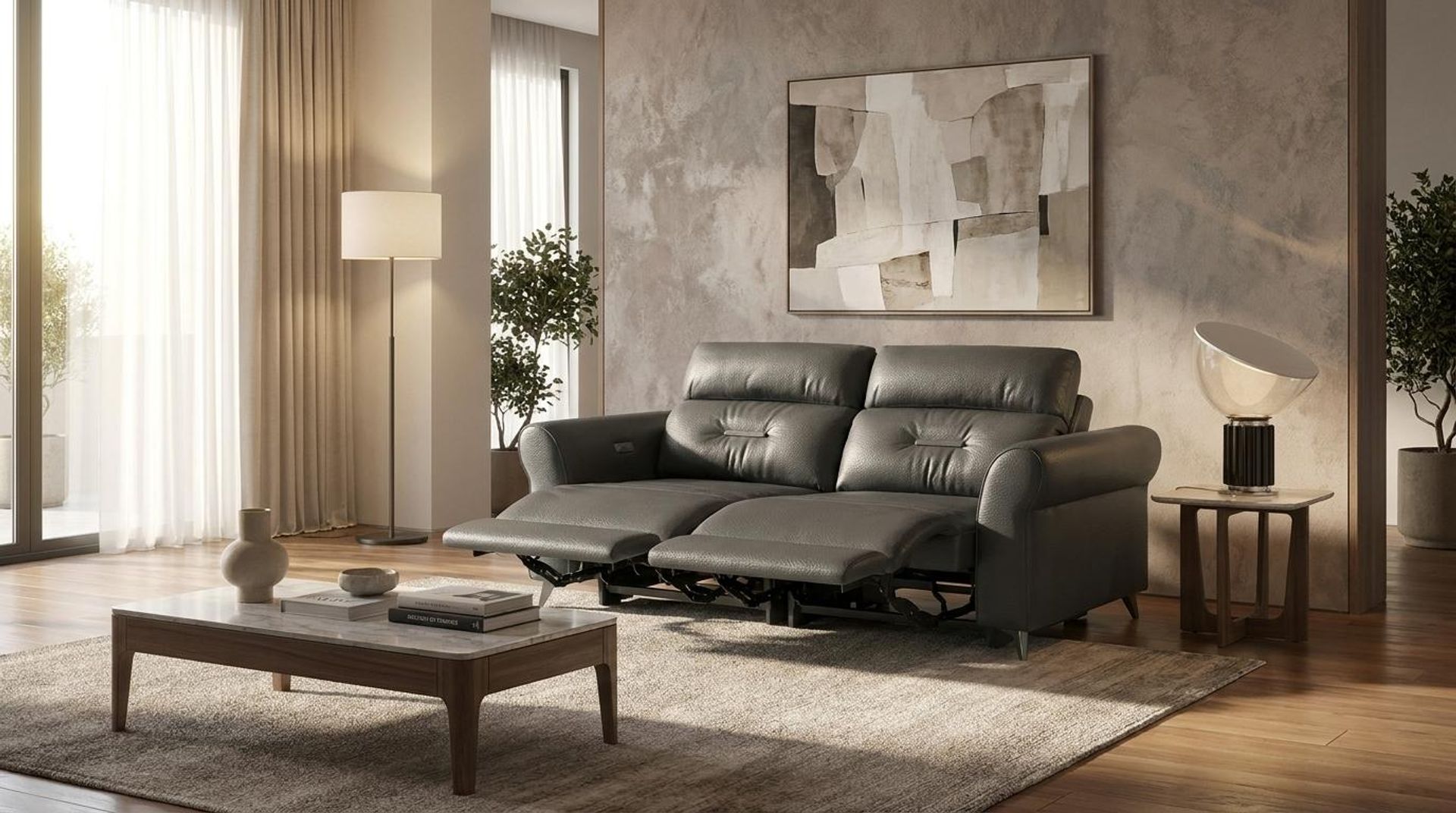 Florian Compact Seat,Electric Recliner Mechanism, 2 Seater ( 2 RR), Chelsea Grey Aura Leather Essential