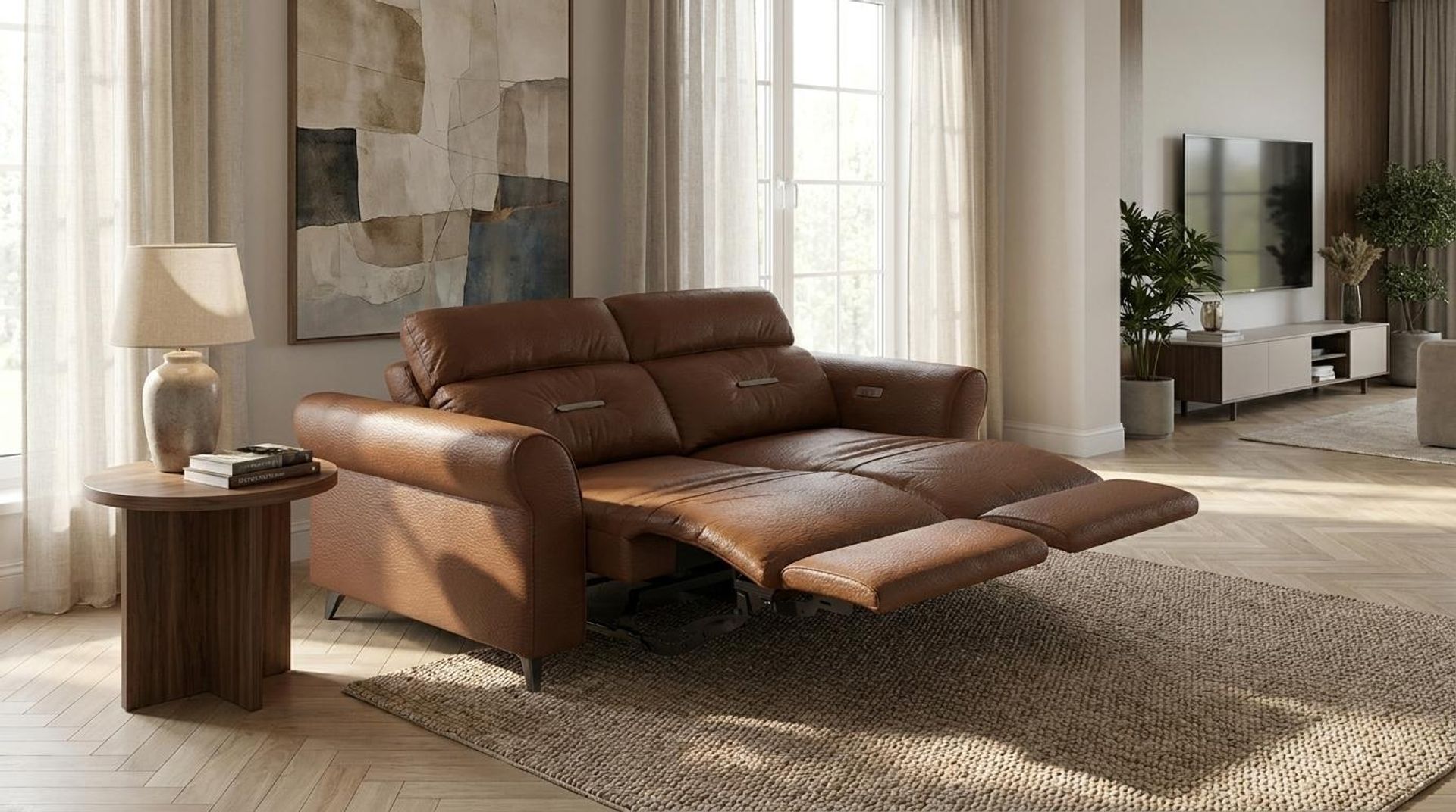 Florian Compact Seat,Electric Recliner Mechanism, 2 Seater ( 2 RR), Tan Classic Leather Essential