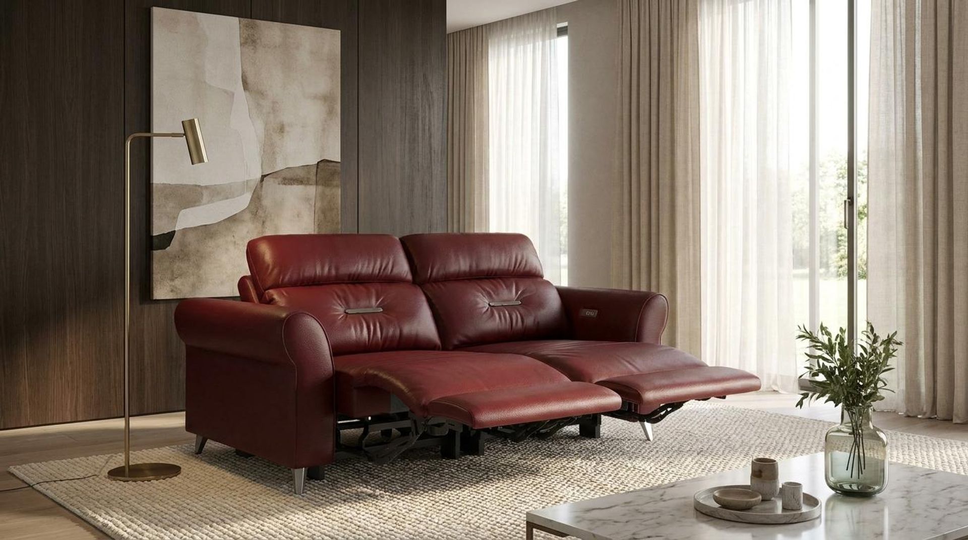 Florian Compact Seat,Electric Recliner Mechanism, 2 Seater ( 2 RR), Victorian Rosso Grandeur Leather Essential