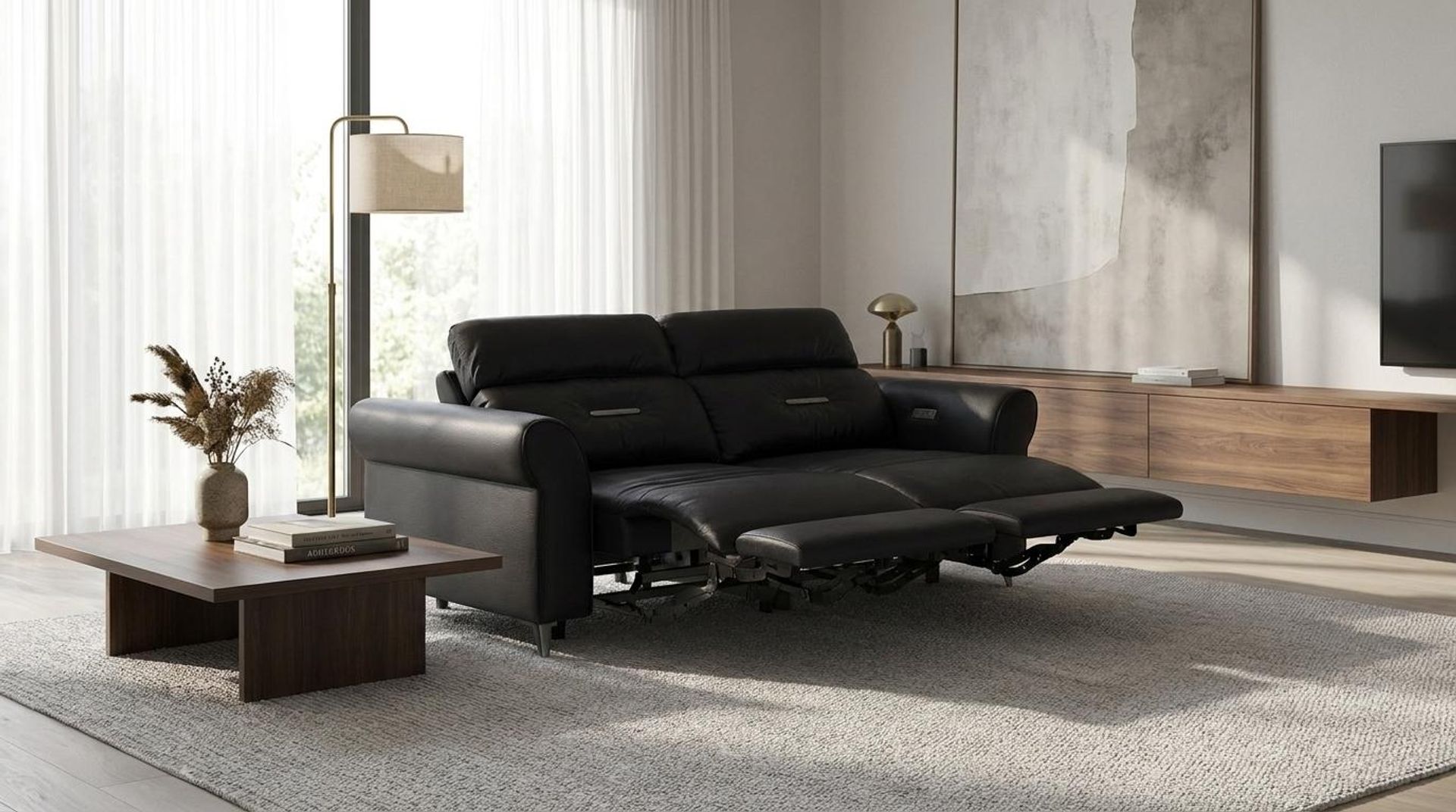 Florian Compact Seat,Electric Recliner Mechanism, 2 Seater ( 2 RR), Mellow Black Leather Essential
