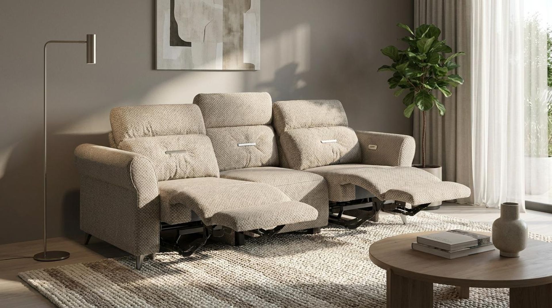 Florian Compact Seat,Electric Recliner Mechanism, 3 Seater (2 RR), Warm Porcelain Elite
