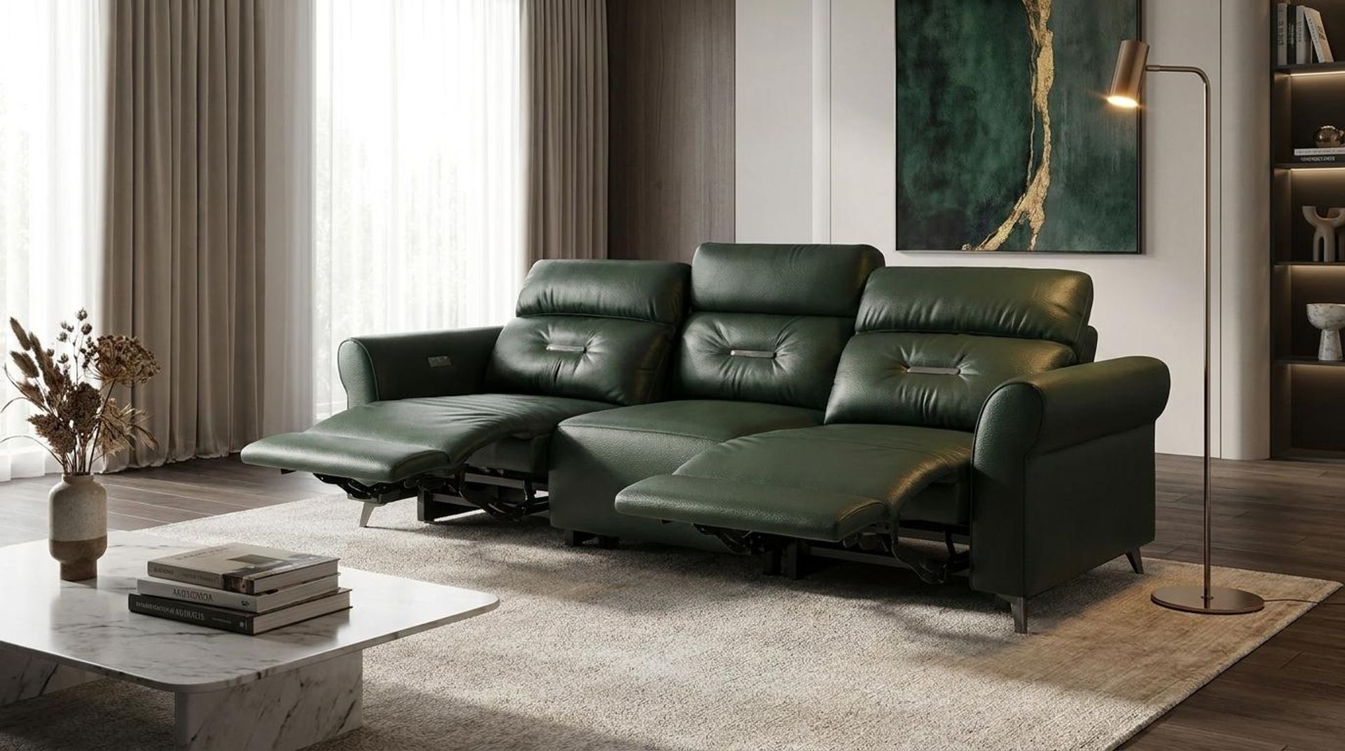 Florian Compact Seat,Electric Recliner Mechanism, 3 Seater (2 RR), Valencia Green Vegan Leather