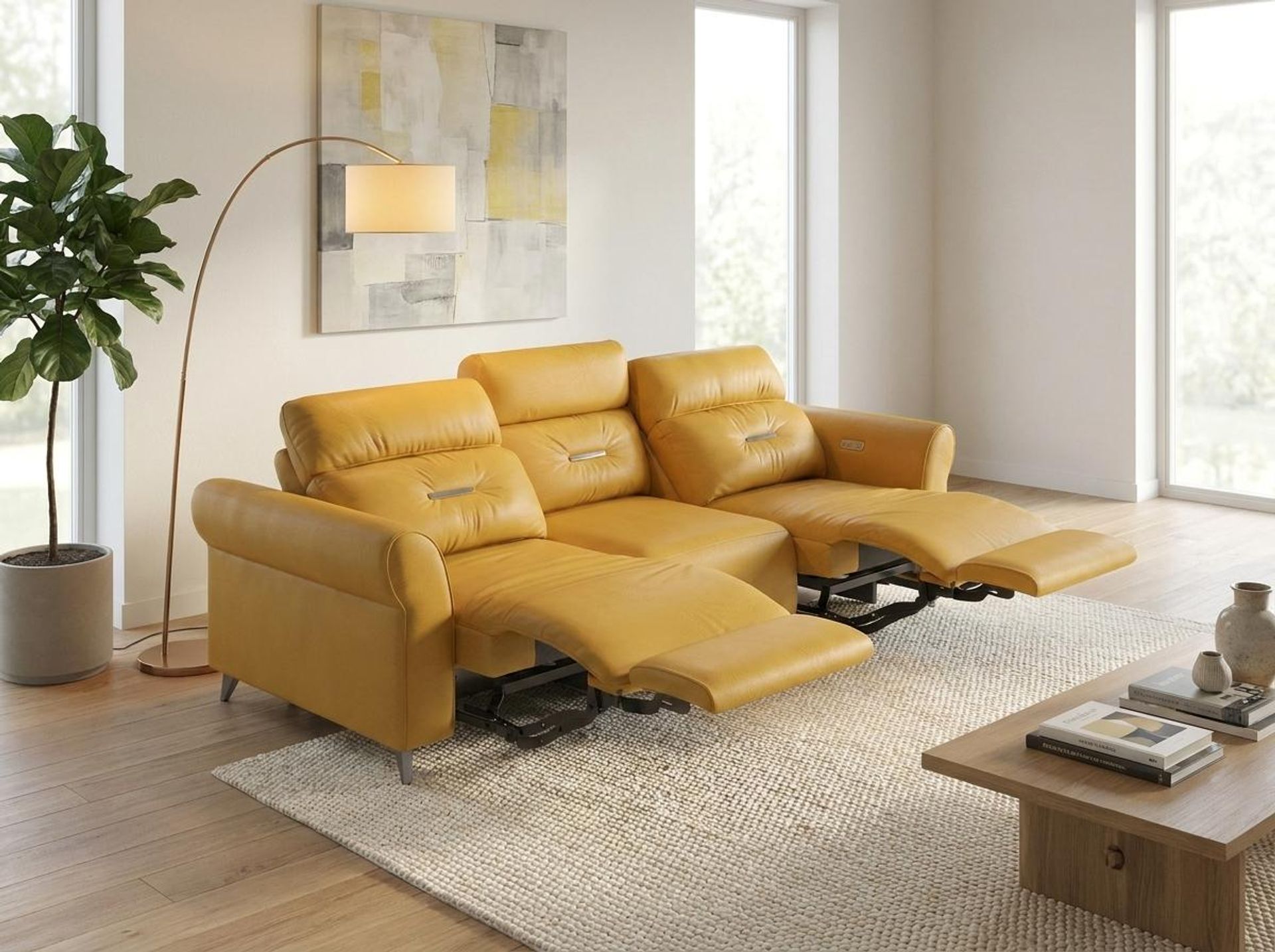 Florian Compact Seat,Electric Recliner Mechanism, 3 Seater (2 RR), Golden Temple Aura Leather Essential