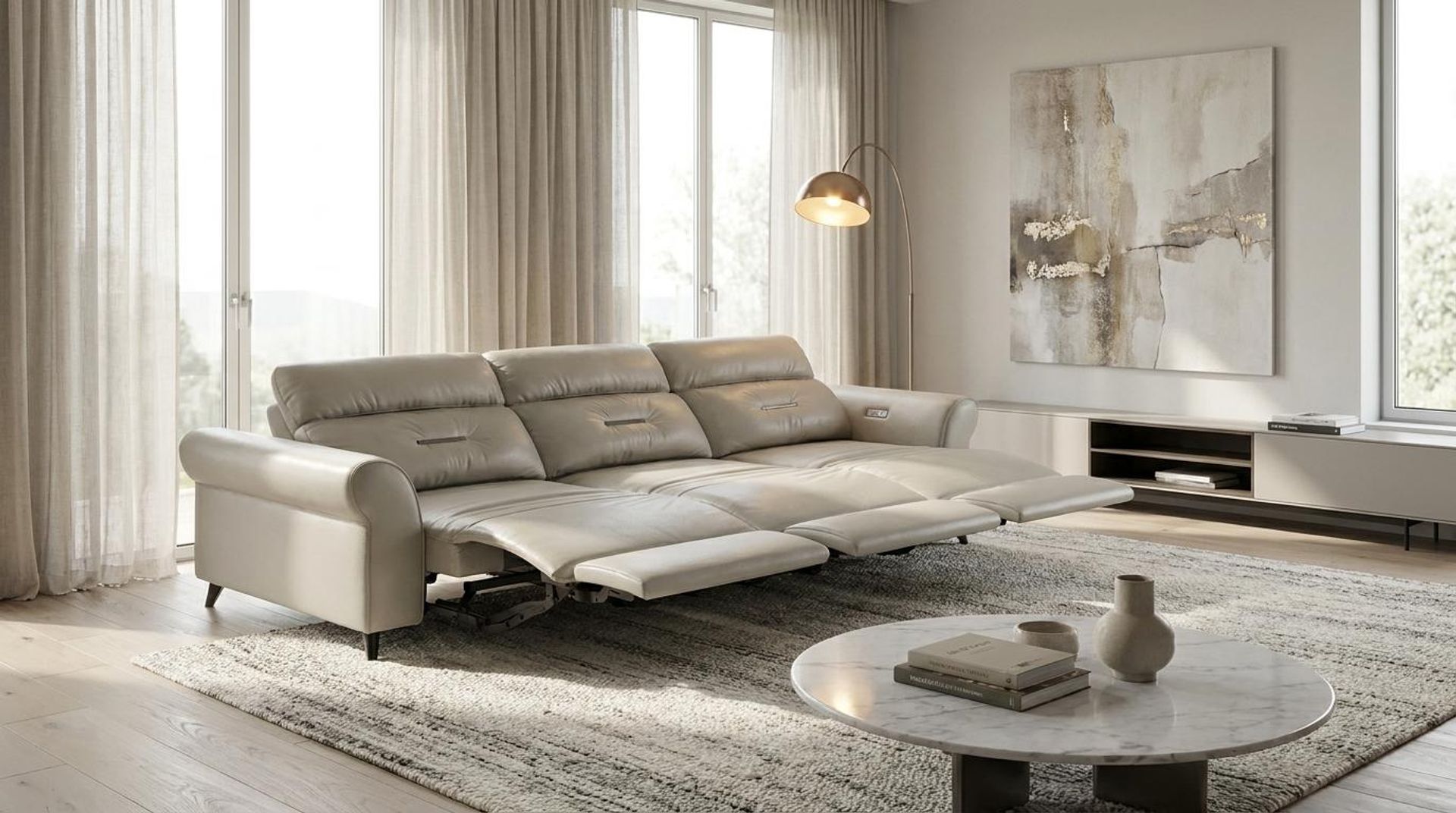 Florian Compact Seat,Electric Recliner Mechanism, 3 Seater (3 RR), Alabaster Veil Vegan Leather