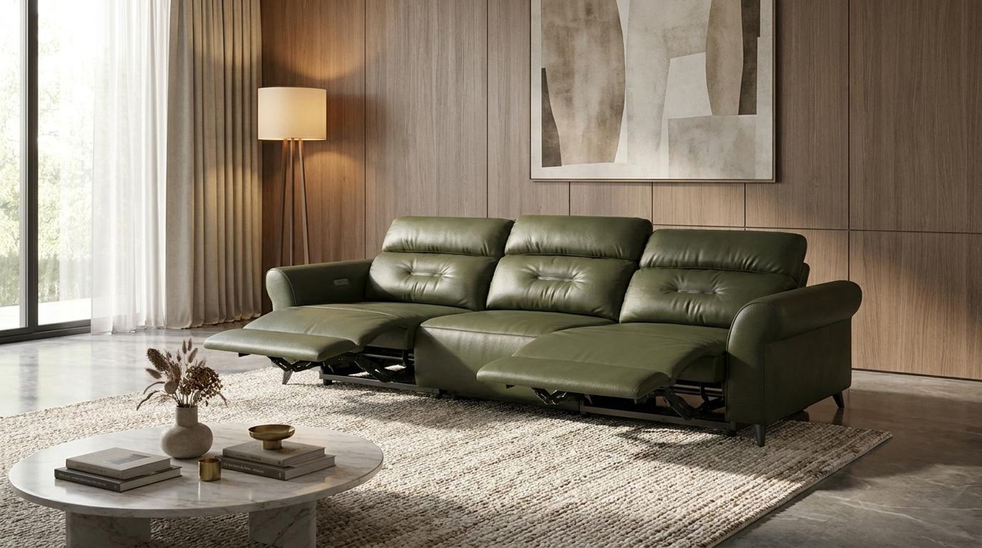 Florian Compact Seat,Electric Recliner Mechanism, 3 Seater (3 RR), Olivewood Vegan Leather