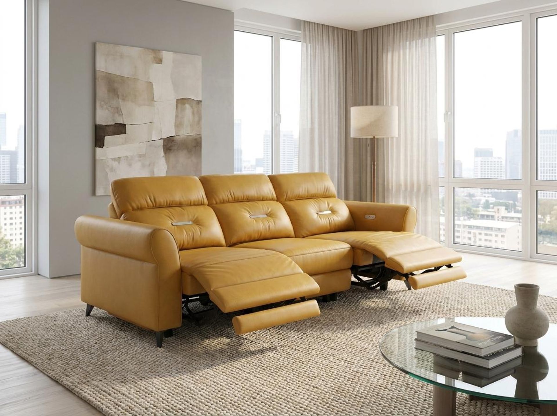 Florian Compact Seat,Electric Recliner Mechanism, 3 Seater (3 RR), Golden Temple Aura Leather Essential