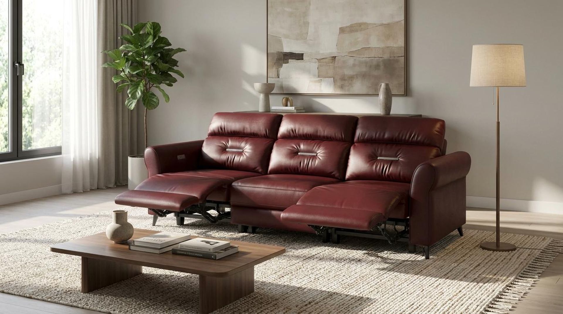 Florian Compact Seat,Electric Recliner Mechanism, 3 Seater (3 RR), Victorian Rosso Grandeur Leather Essential