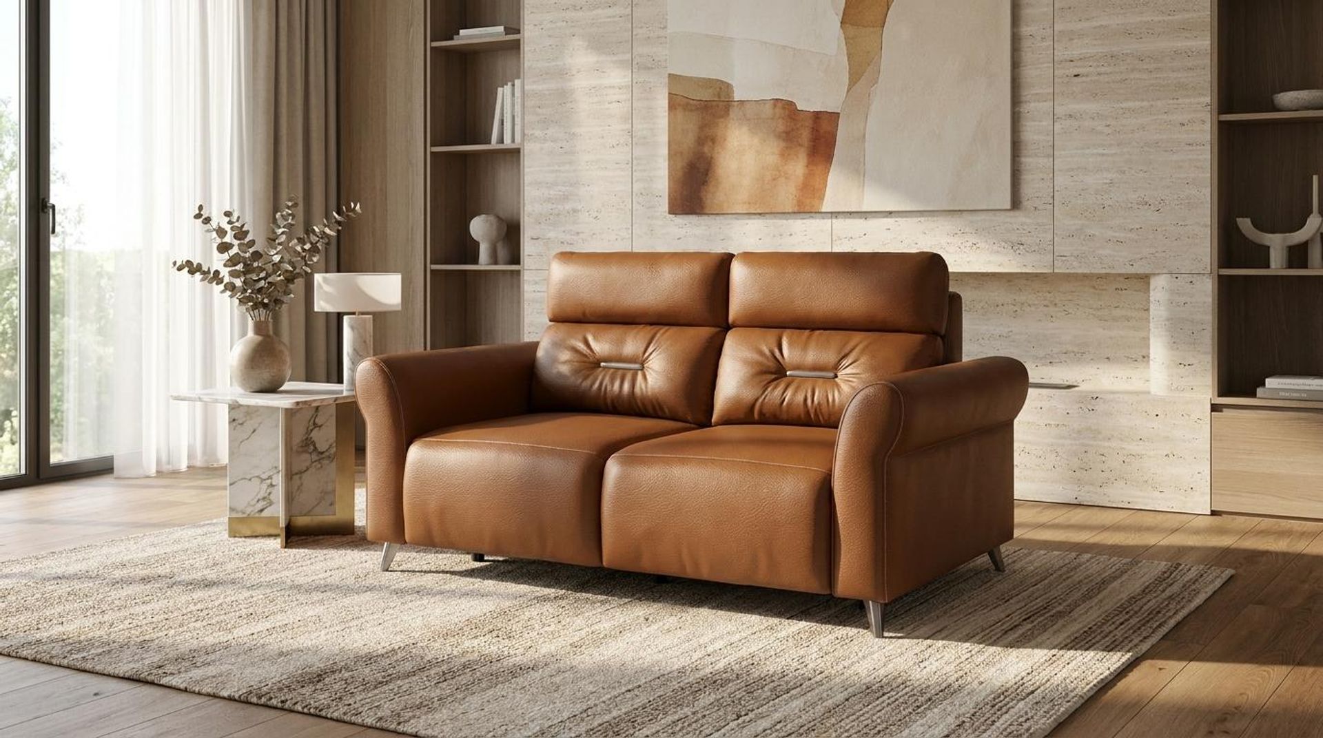 Florian Compact Seat,Static Mechanism, 2 Seater Sofa, Ritz Tan Vegan Leather