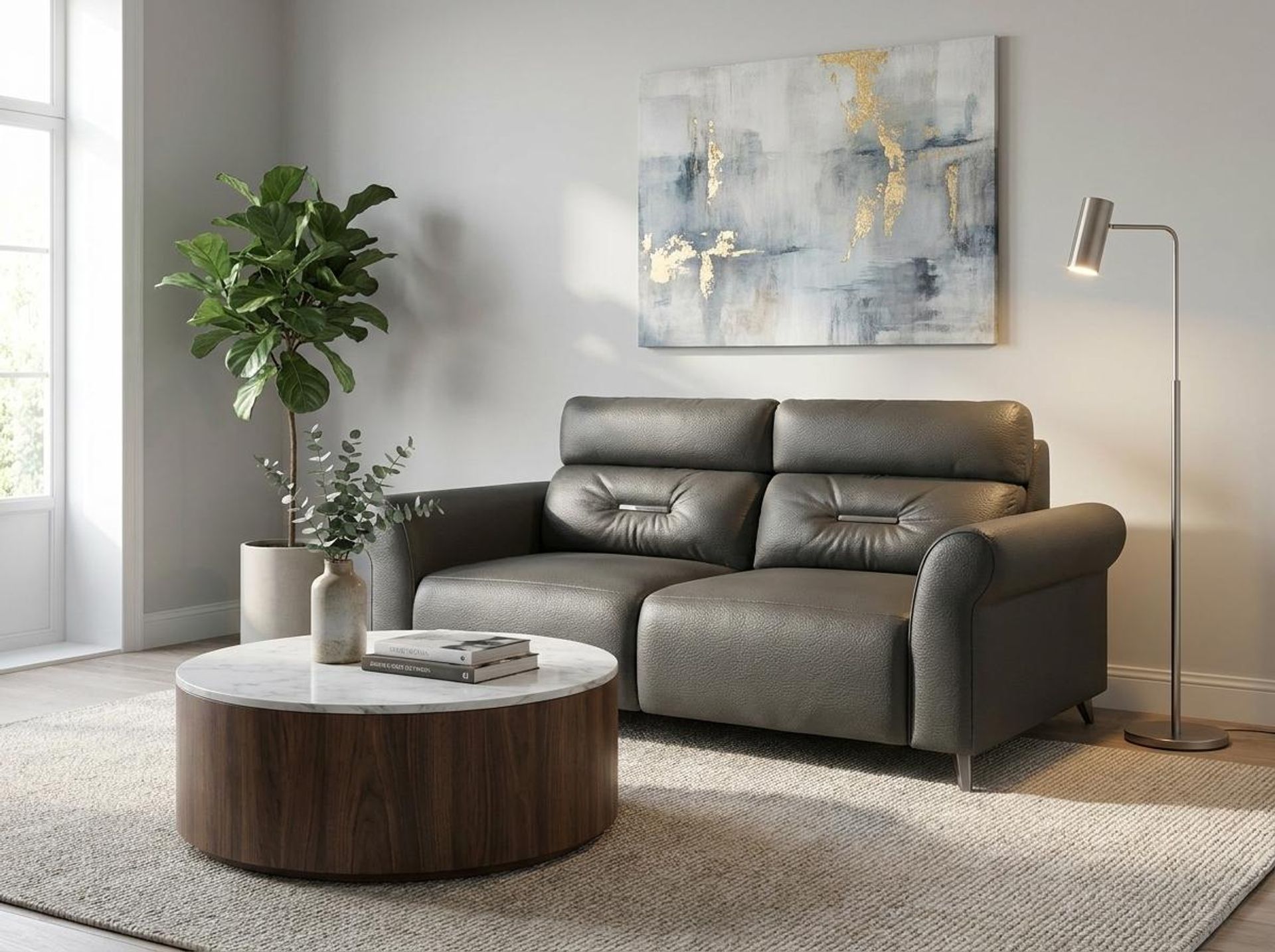 Florian Compact Seat,Static Mechanism, 2 Seater Sofa, Chelsea Grey Aura Leather Essential