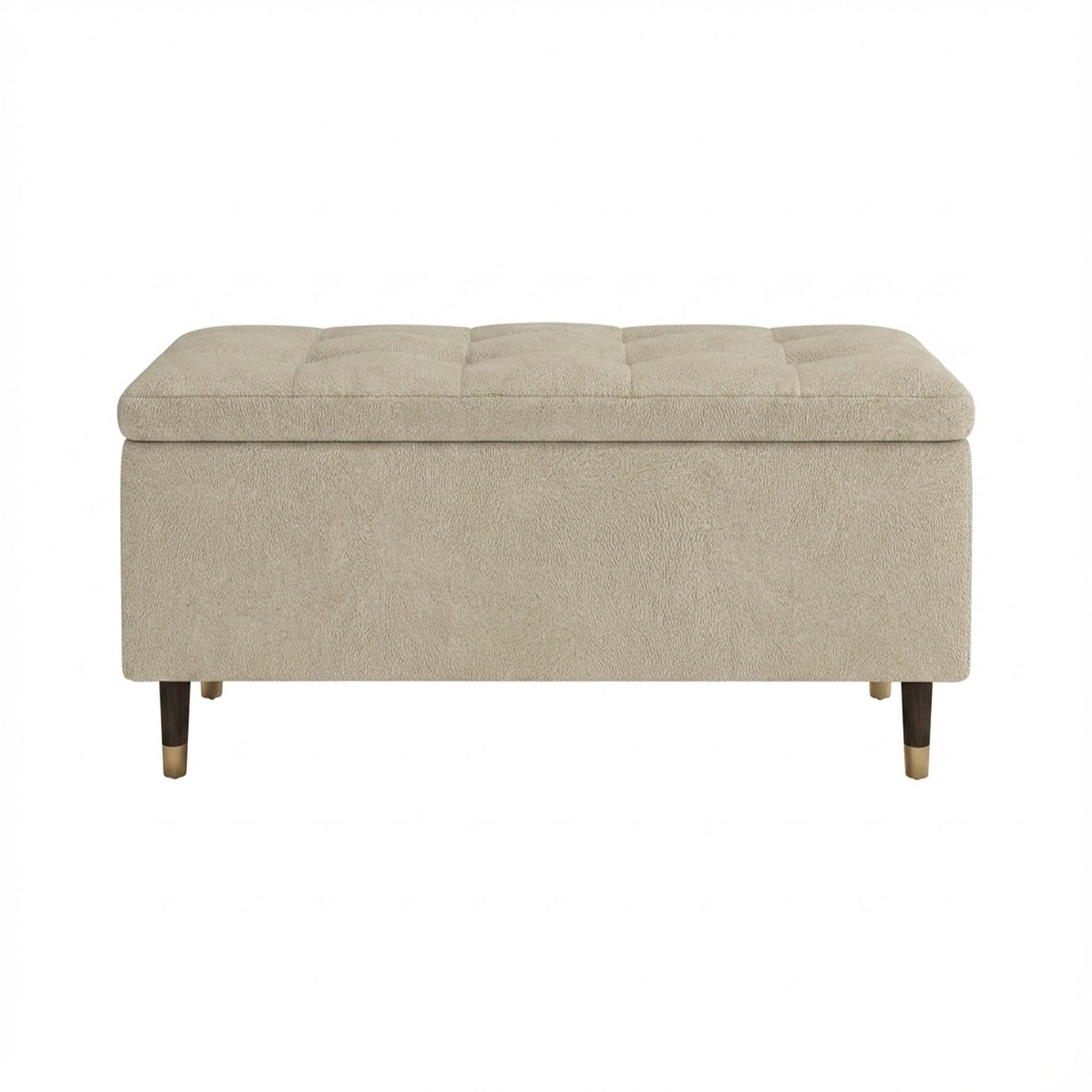 Hayden Home Premium Classic Tufted Hideaway Bench, Coco Walnut Legs, Essential Sand Upholstery