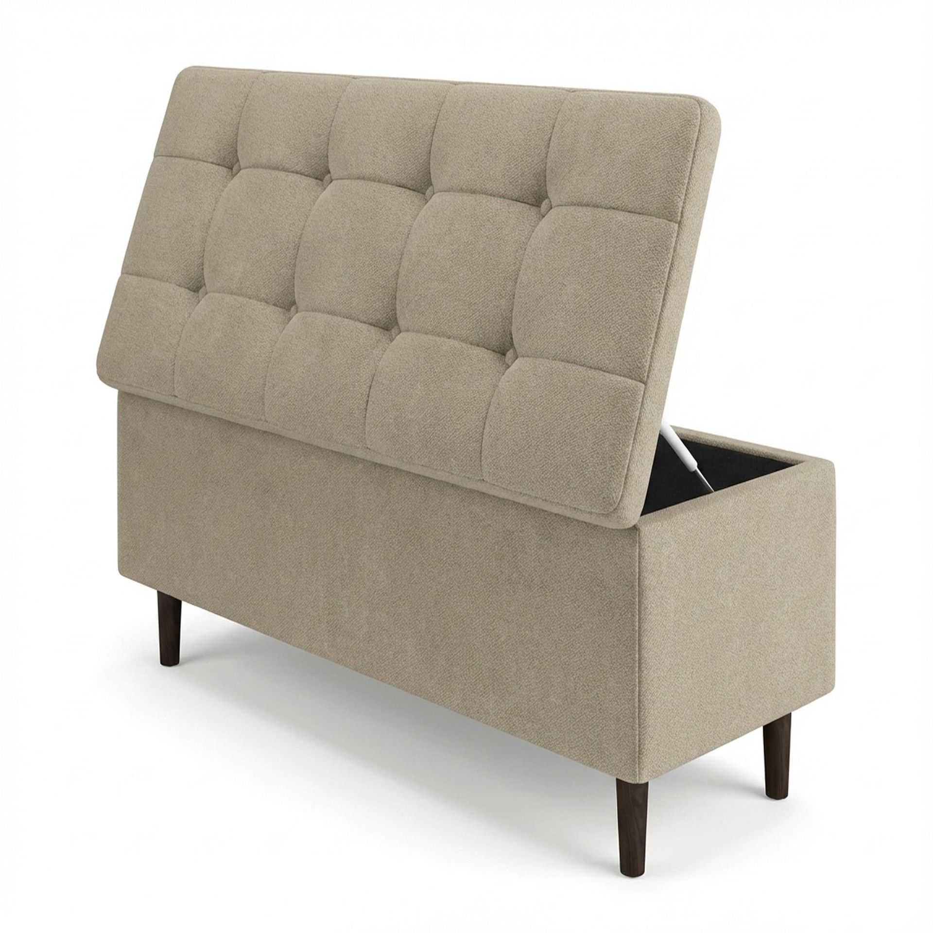 Hayden Home Premium Classic Tufted Hideaway Bench, Coco Walnut Legs, Premium Alabaster Upholstery