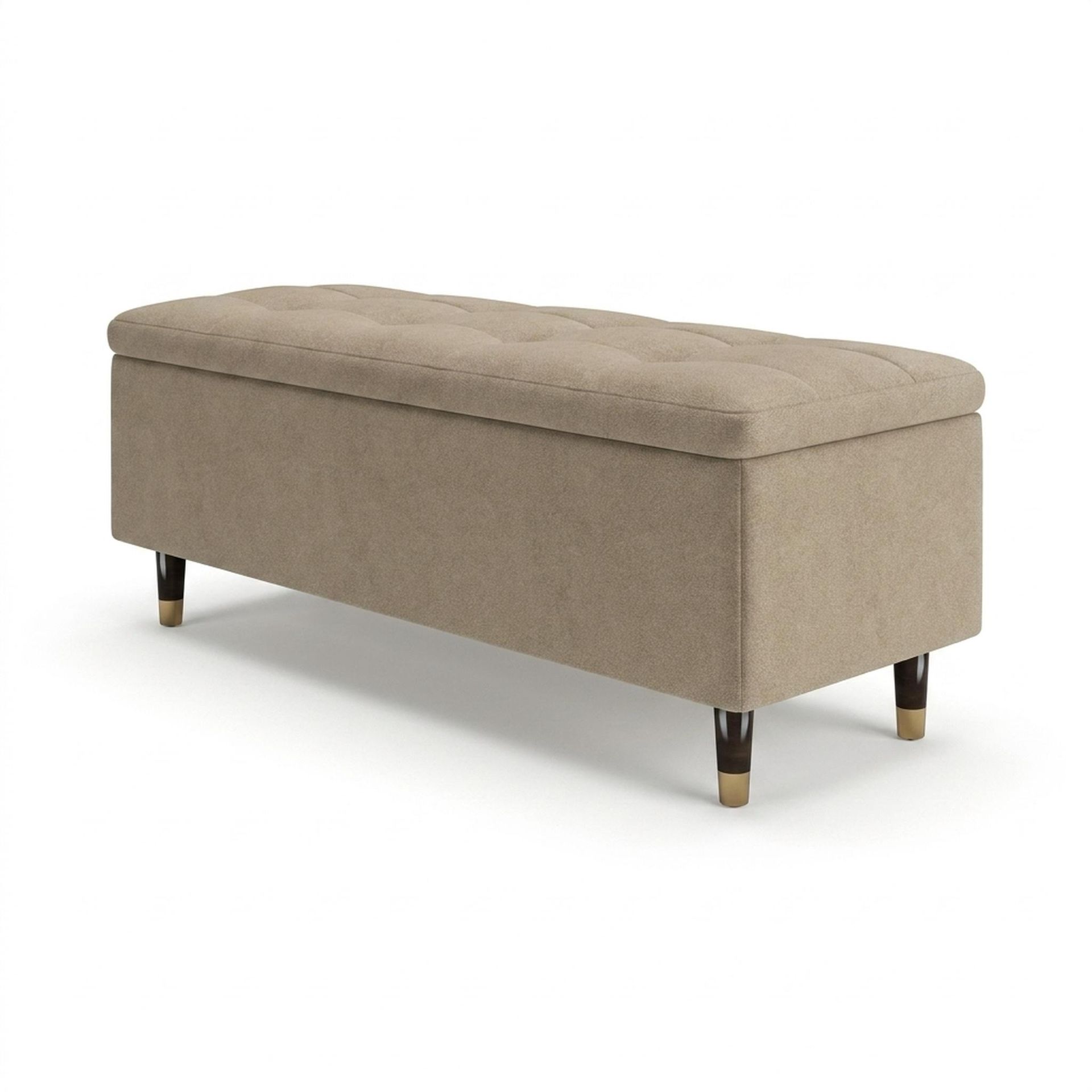 Hayden Home Premium Classic Tufted Hideaway Bench, Coco Walnut Legs, Premium Alabaster Upholstery