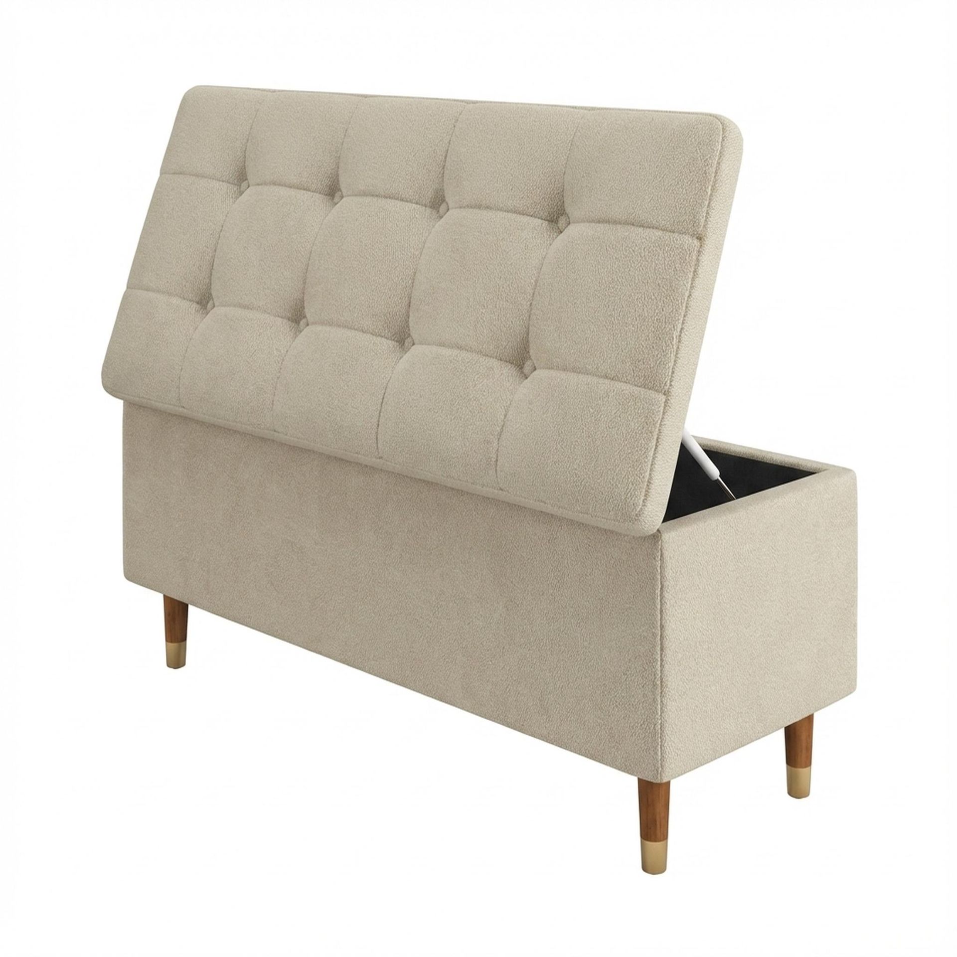 Hayden Home Premium Classic Tufted Hideaway Bench, Warm Cedar Legs, Essential Sand Upholstery