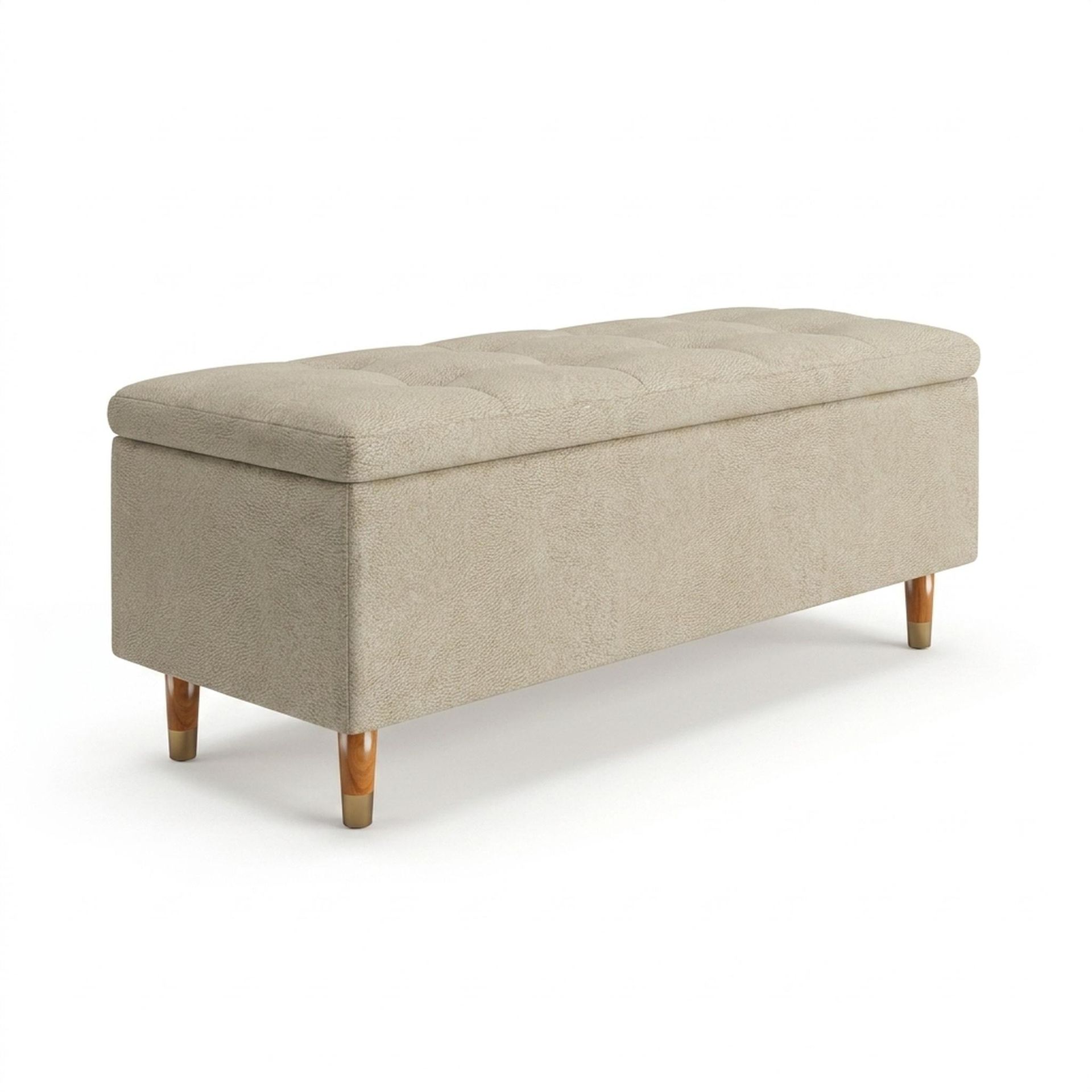 Hayden Home Premium Classic Tufted Hideaway Bench, Warm Cedar Legs, Essential Sand Upholstery