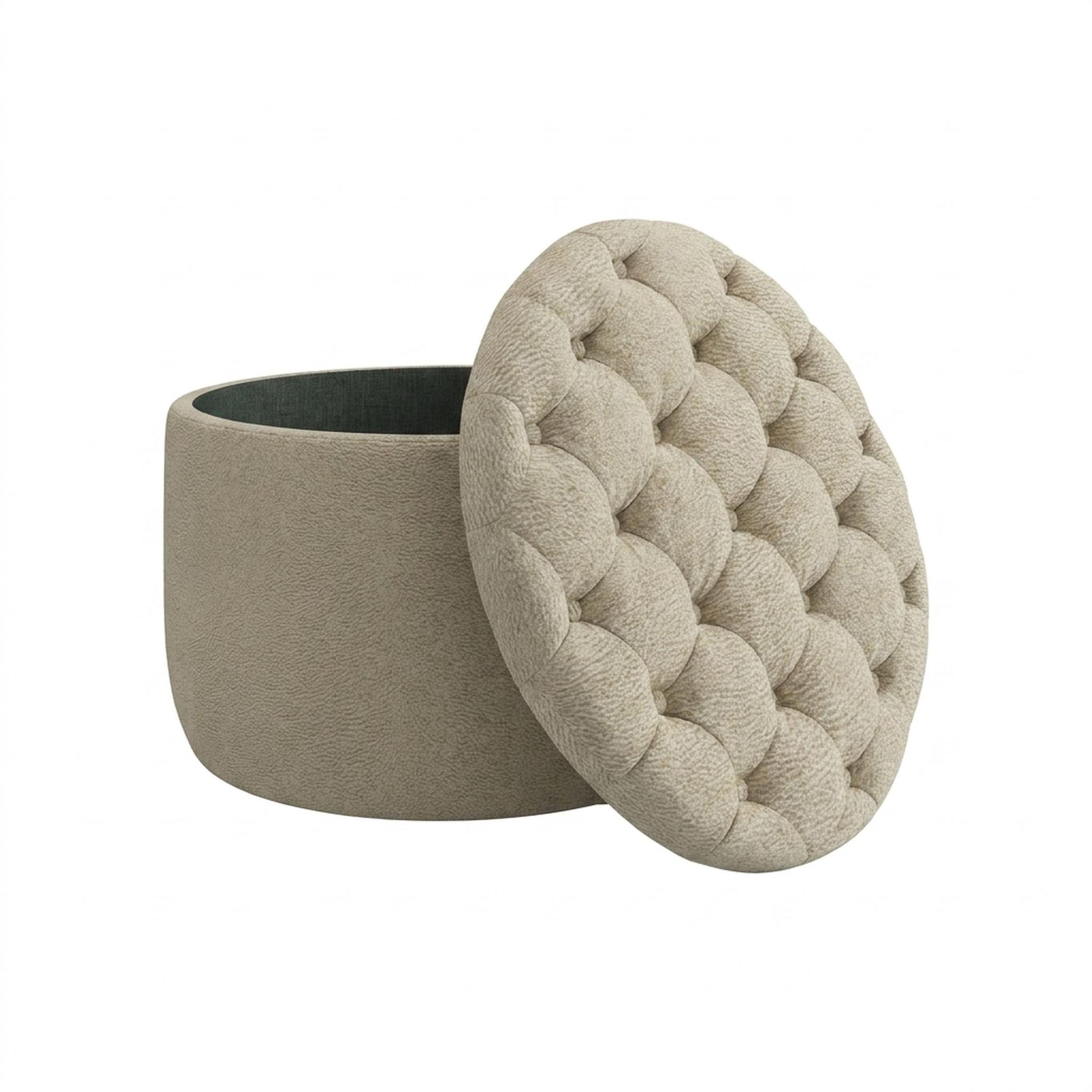 Hayden Home Premium Classic Tufted Hideaway Pouf, Warm Cedar Legs, Essential Sand Upholstery