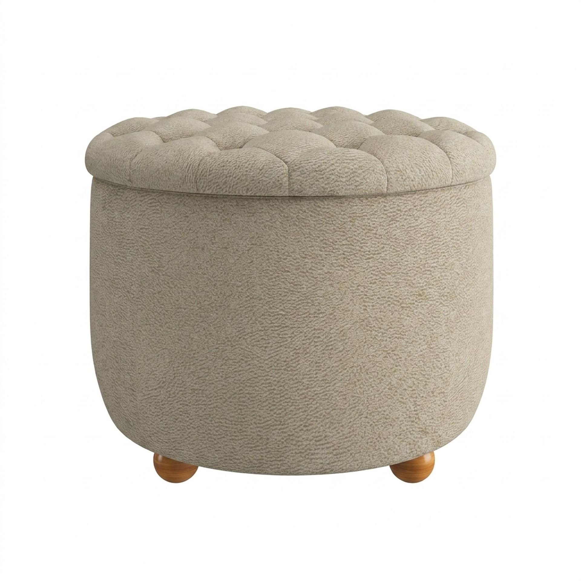 Hayden Home Premium Classic Tufted Hideaway Pouf, Warm Cedar Legs, Essential Sand Upholstery