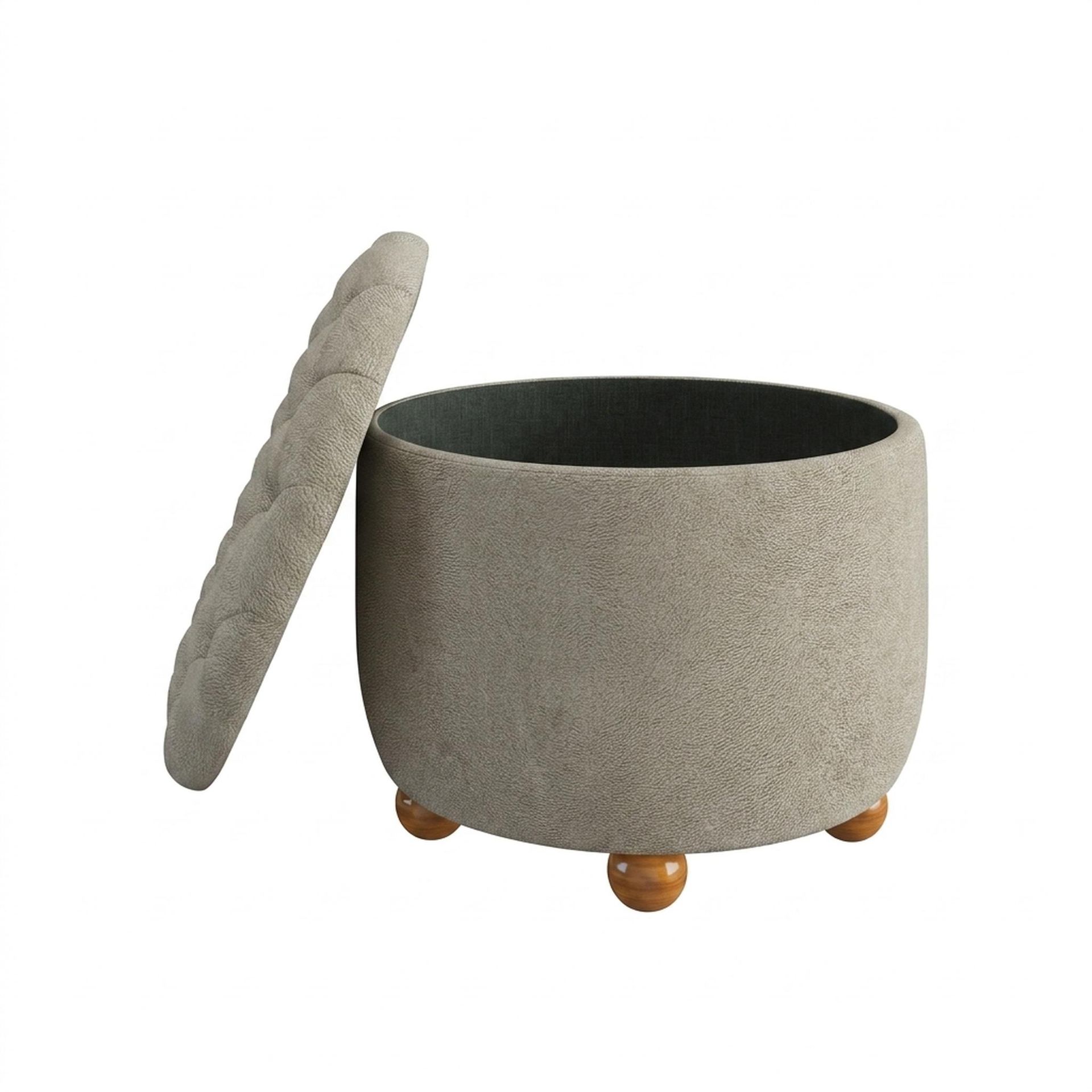 Hayden Home Premium Classic Tufted Hideaway Pouf, Warm Cedar Legs, Essential Bone Upholstery