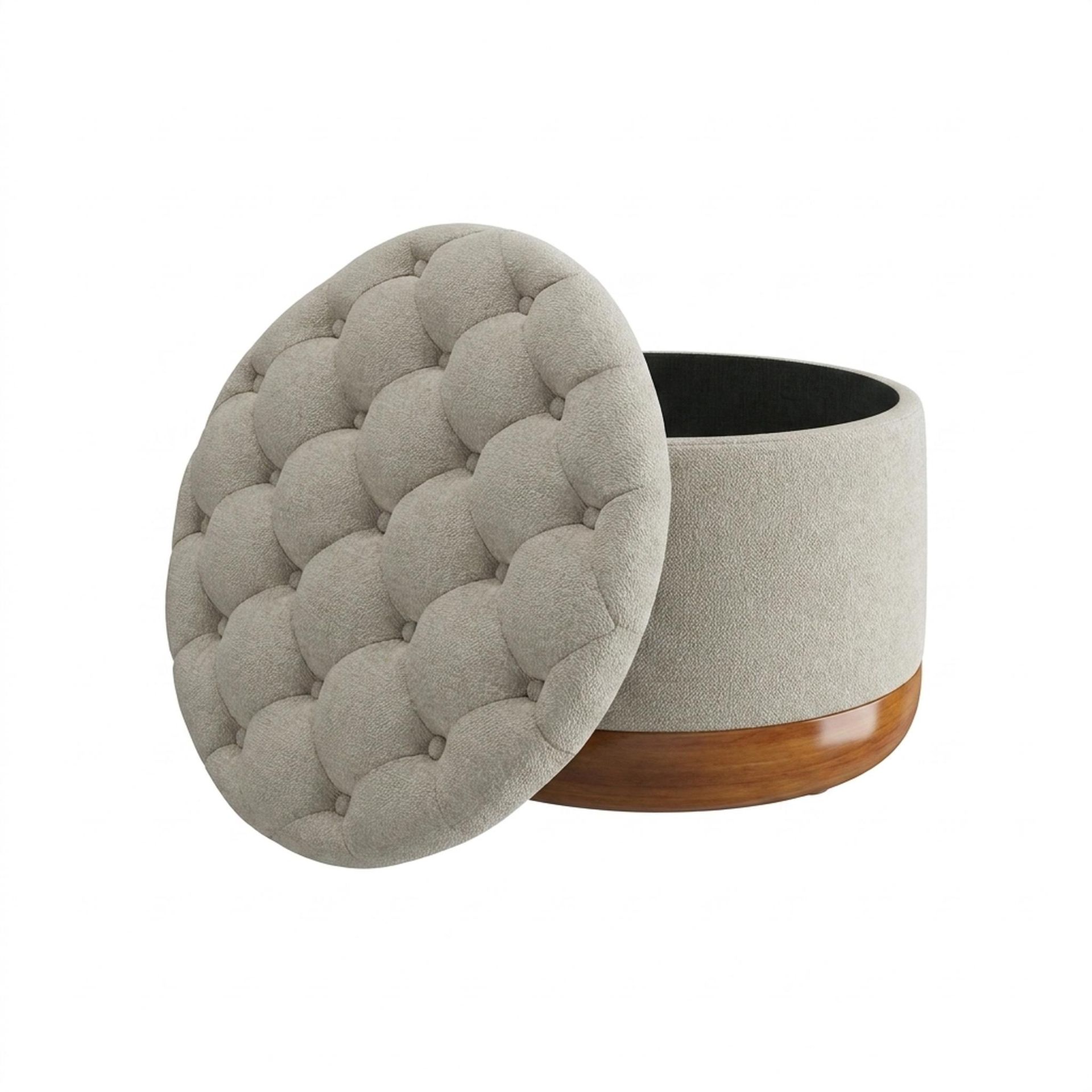 Hayden Home Premium Classic Tufted Hideaway Pouf, Warm Cedar Legs, Essential Bone Upholstery
