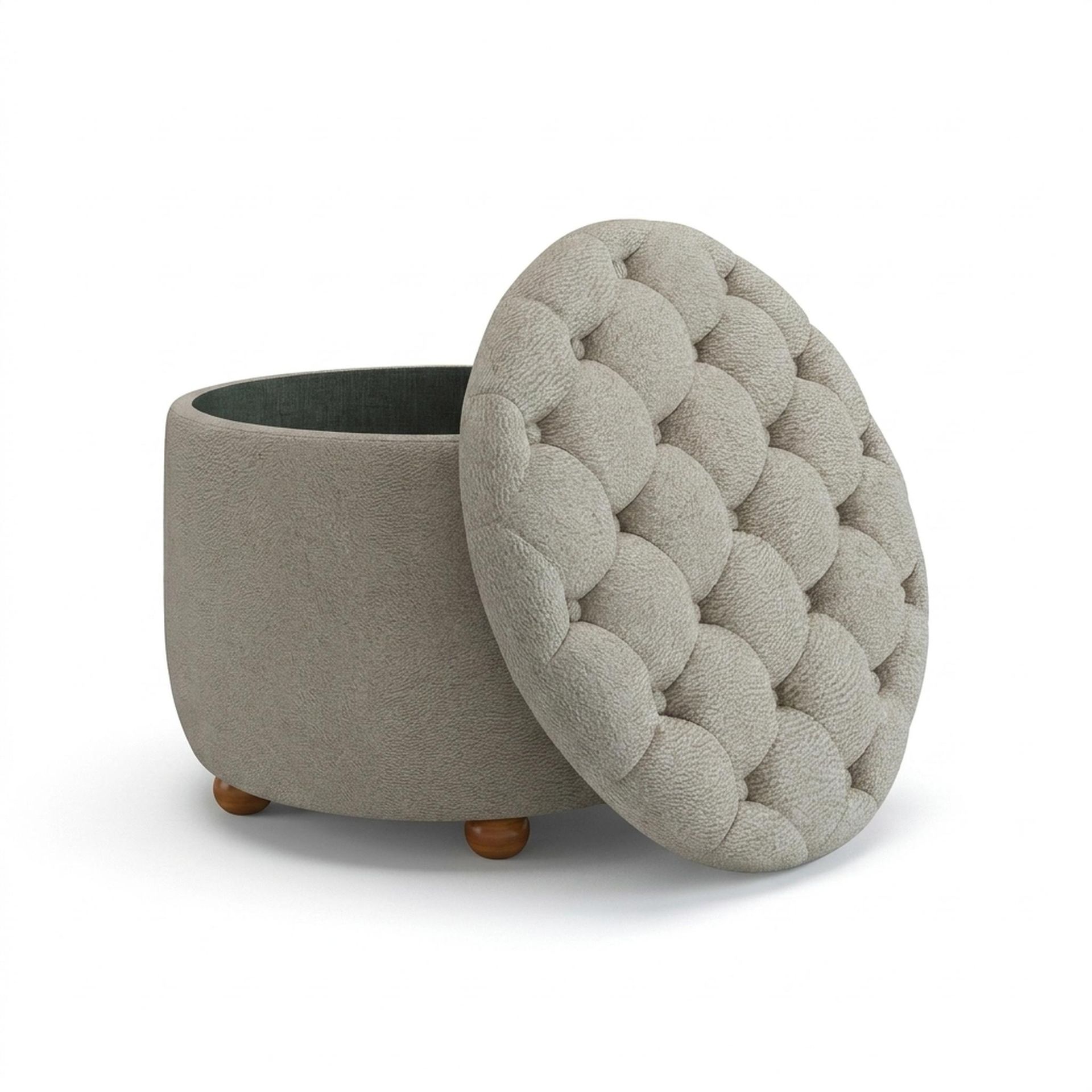 Hayden Home Premium Classic Tufted Hideaway Pouf, Warm Cedar Legs, Essential Bone Upholstery