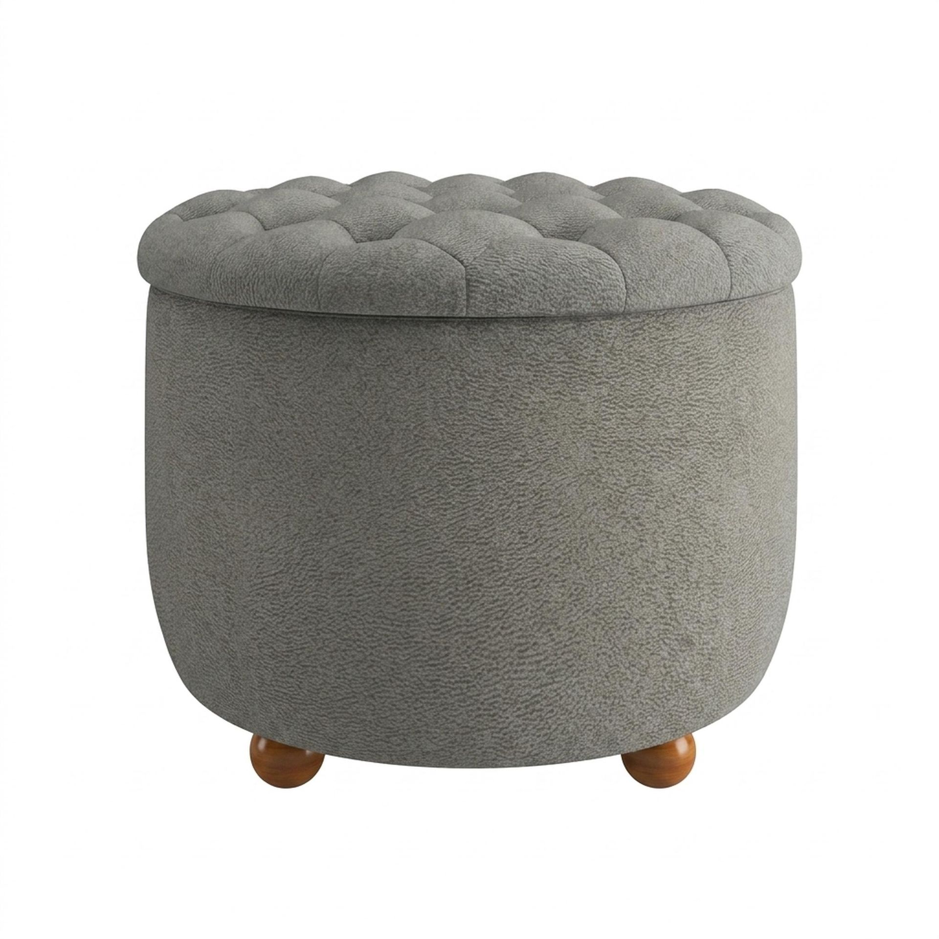 Hayden Home Premium Classic Tufted Hideaway Pouf, Warm Cedar Legs, Essential Bone Upholstery