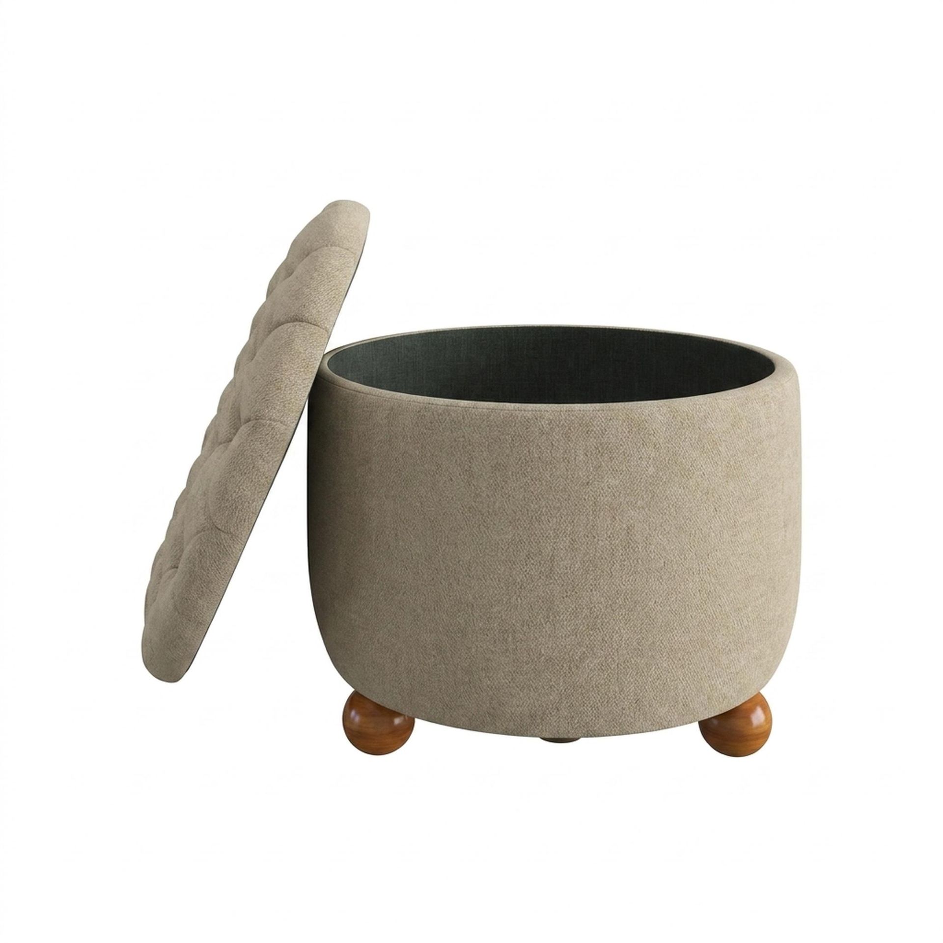 Hayden Home Premium Classic Tufted Hideaway Pouf, Warm Cedar Legs, Premium Alabaster Upholstery