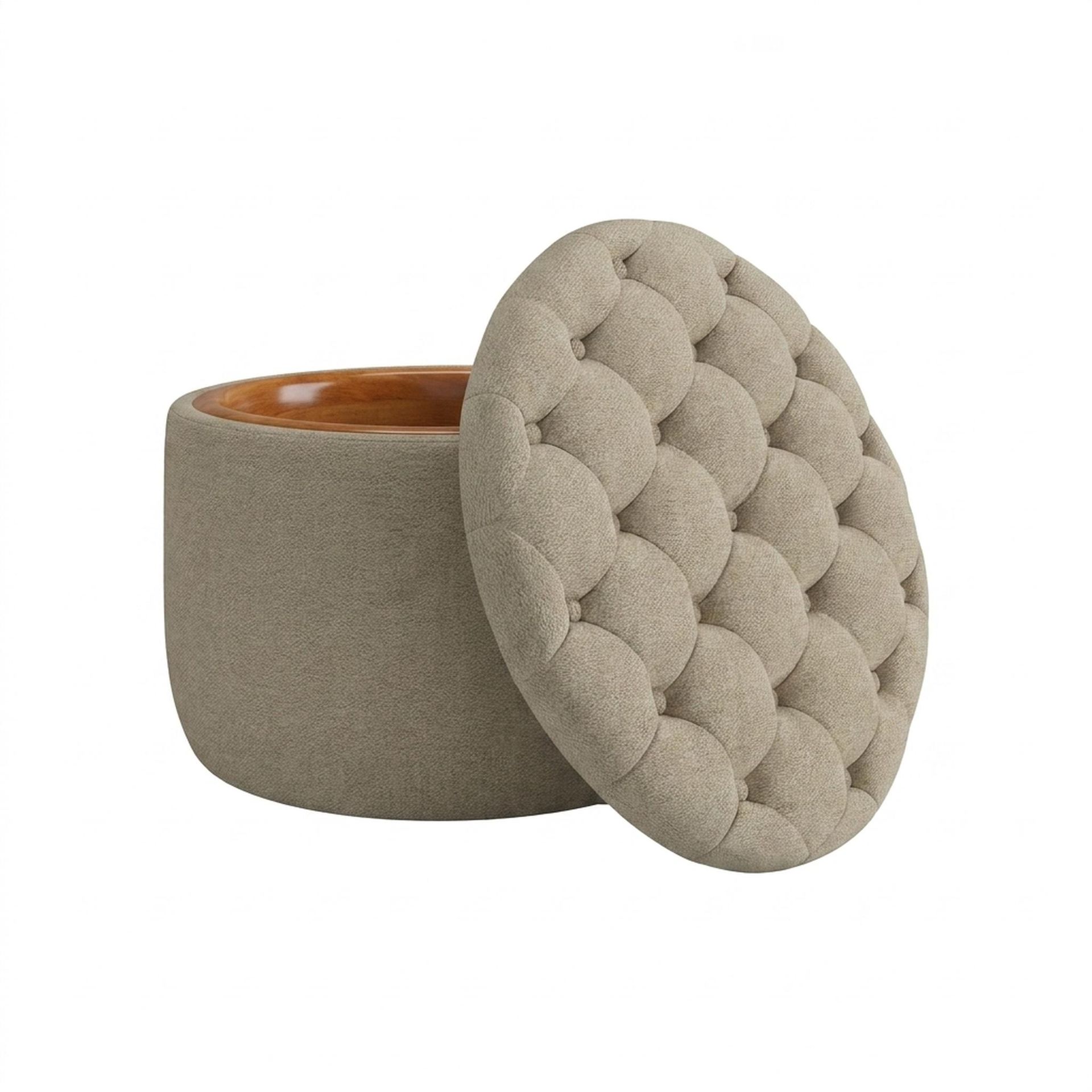 Hayden Home Premium Classic Tufted Hideaway Pouf, Warm Cedar Legs, Premium Alabaster Upholstery