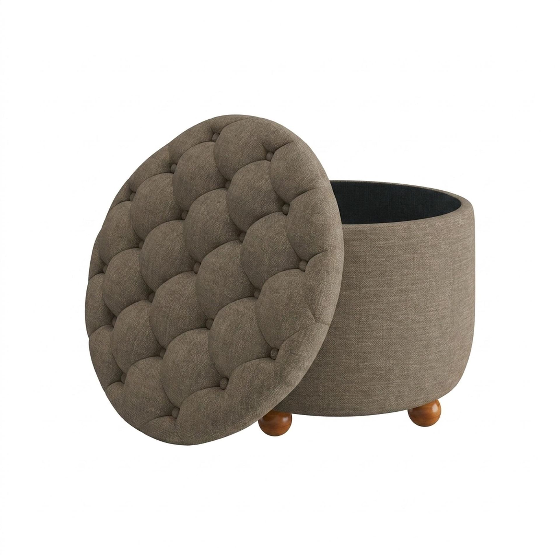 Hayden Home Premium Classic Tufted Hideaway Pouf, Warm Cedar Legs, Premium Dusky Biege Upholstery