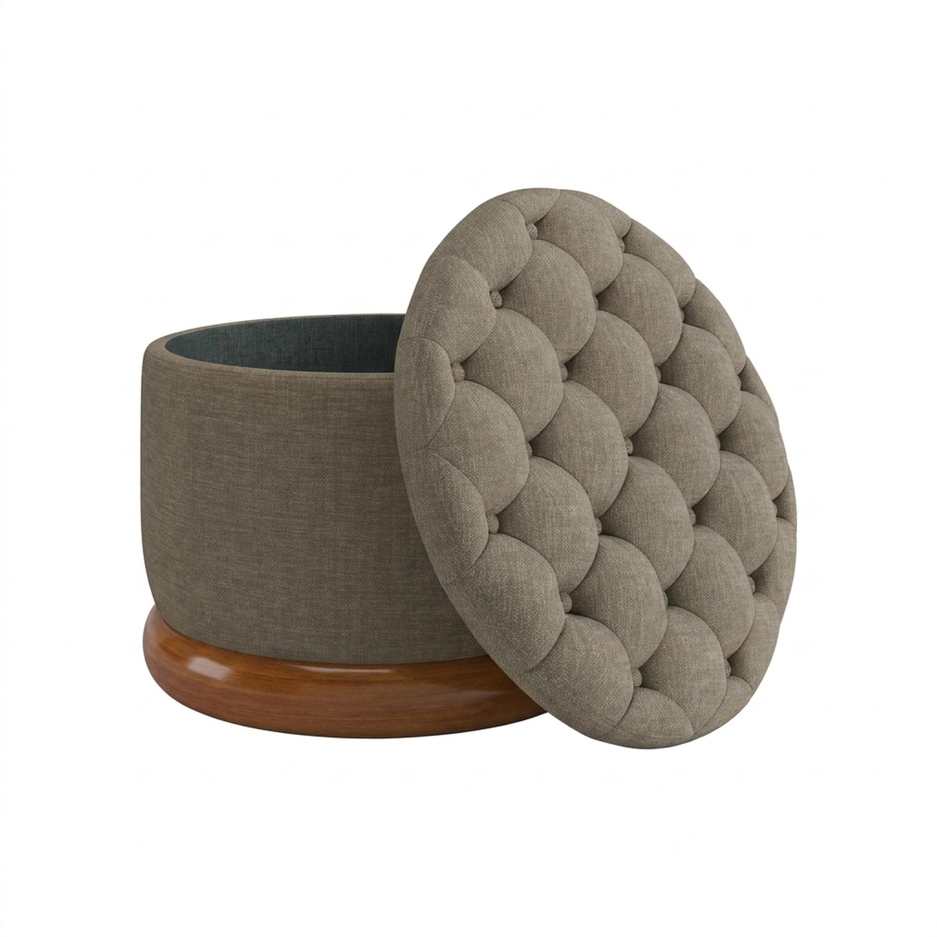 Hayden Home Premium Classic Tufted Hideaway Pouf, Warm Cedar Legs, Premium Dusky Biege Upholstery
