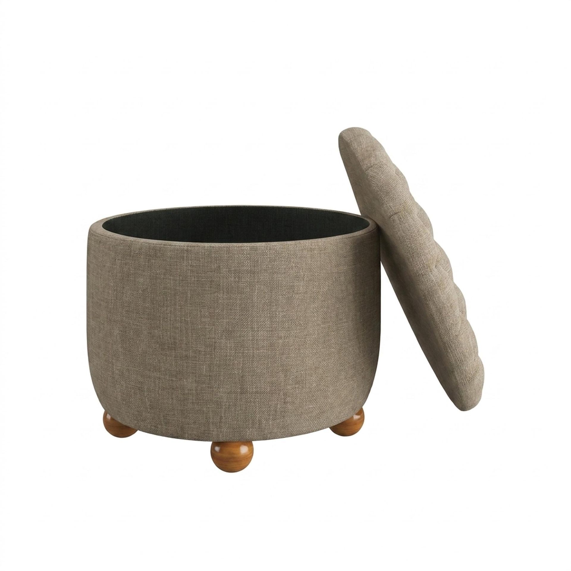 Hayden Home Premium Classic Tufted Hideaway Pouf, Warm Cedar Legs, Premium Dusky Biege Upholstery