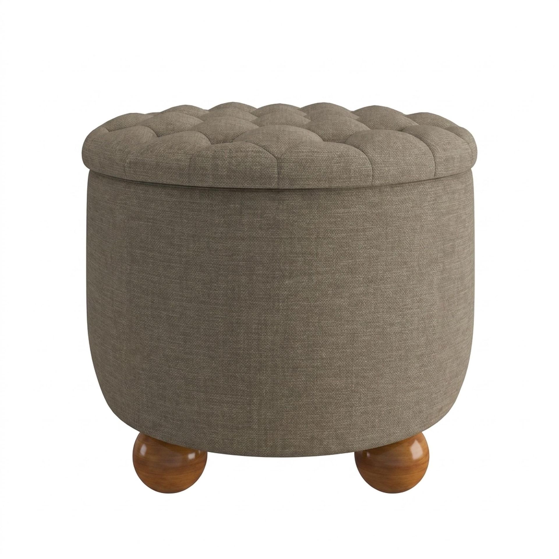 Hayden Home Premium Classic Tufted Hideaway Pouf, Warm Cedar Legs, Premium Dusky Biege Upholstery