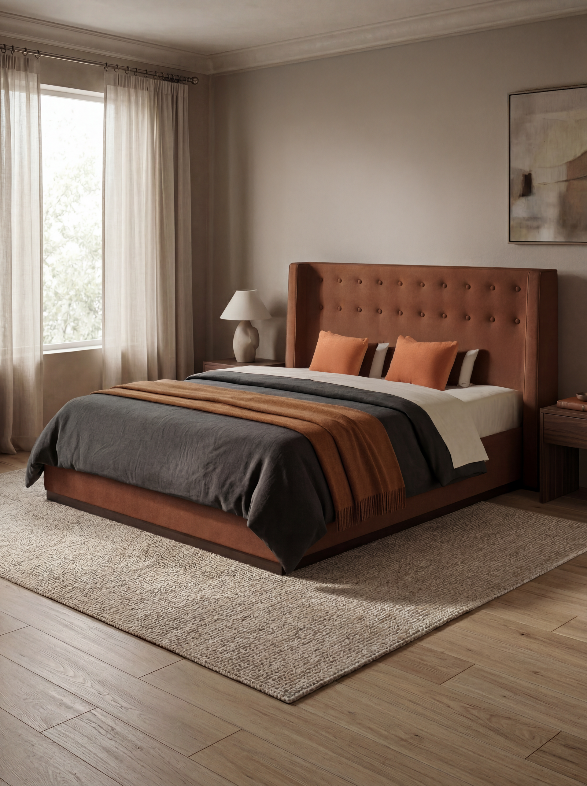 Hayden Home Karmen Upholstered Bed, PLY Material, King Size, Fully Hydraulic, Premium Rust Orange Upholstery