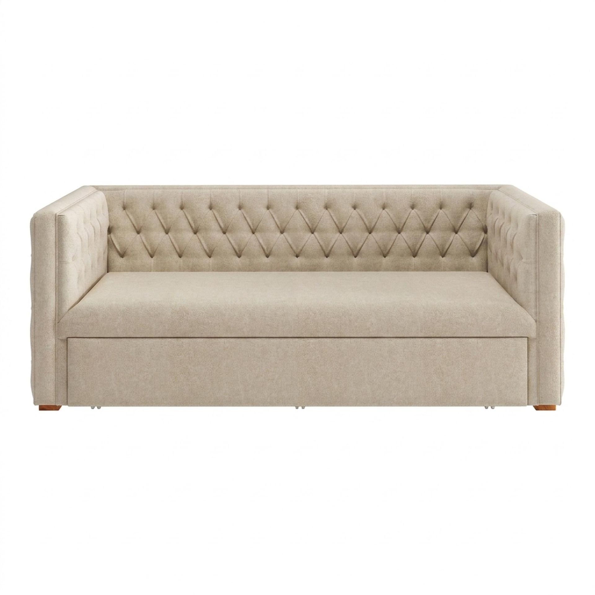 Hayden Home Premium Classic Chesterfield Sofa Bed, Warm Cedar Legs, Essential Sand Upholstery
