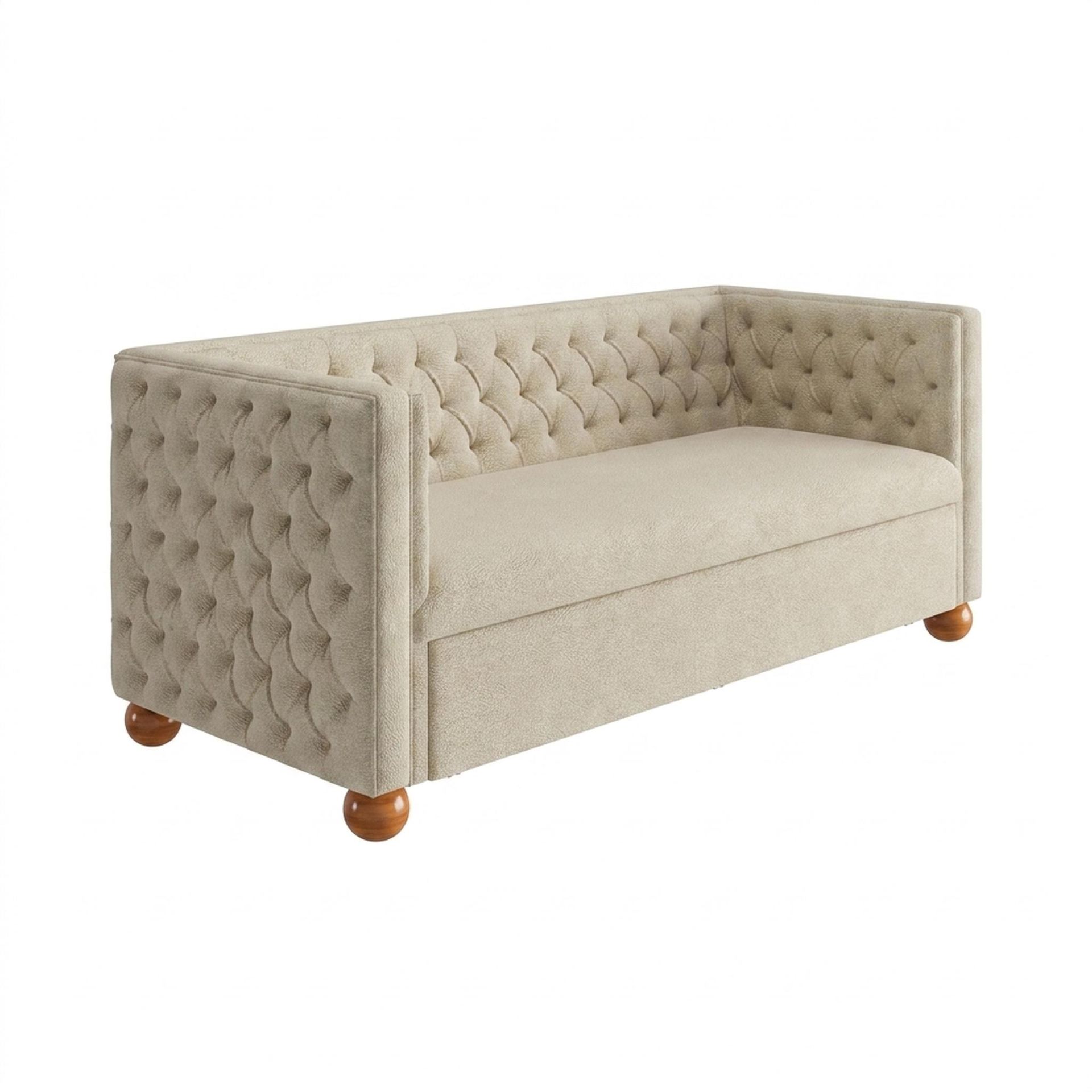 Hayden Home Premium Classic Chesterfield Sofa Bed, Warm Cedar Legs, Essential Sand Upholstery