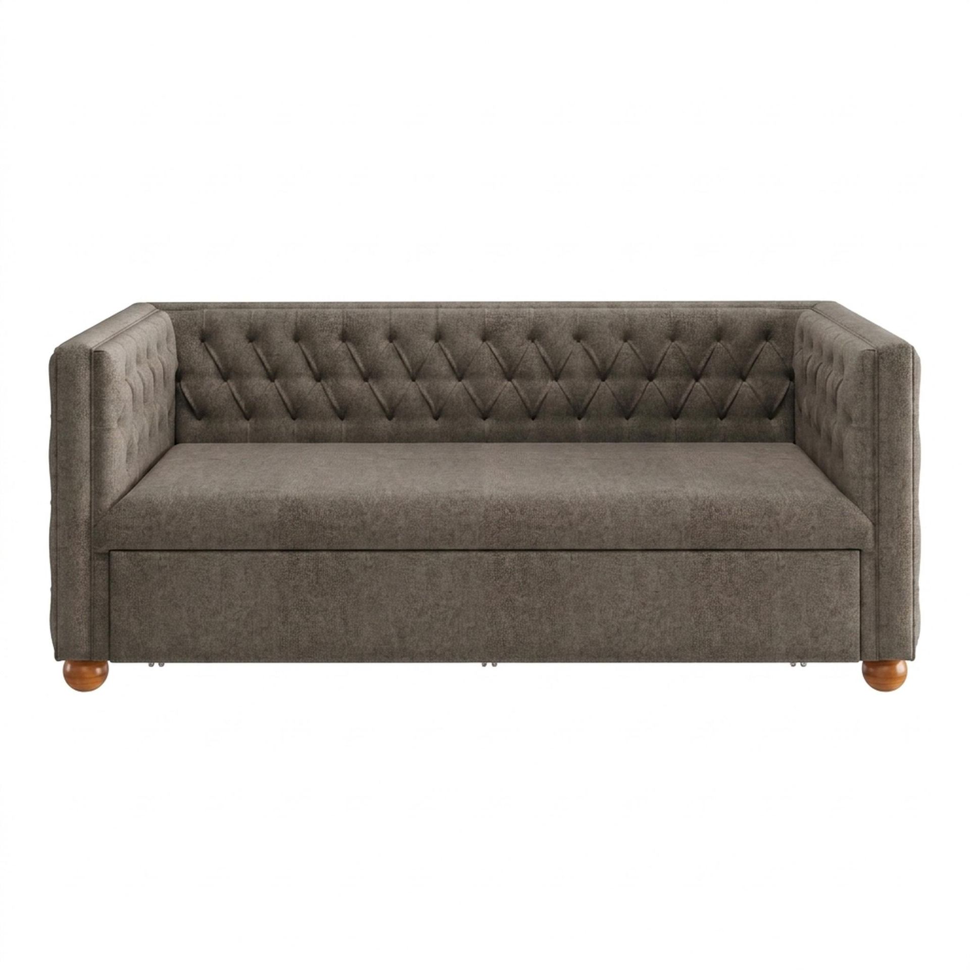 Hayden Home Premium Classic Chesterfield Sofa Bed, Warm Cedar Legs, Essential Biscuit Upholstery