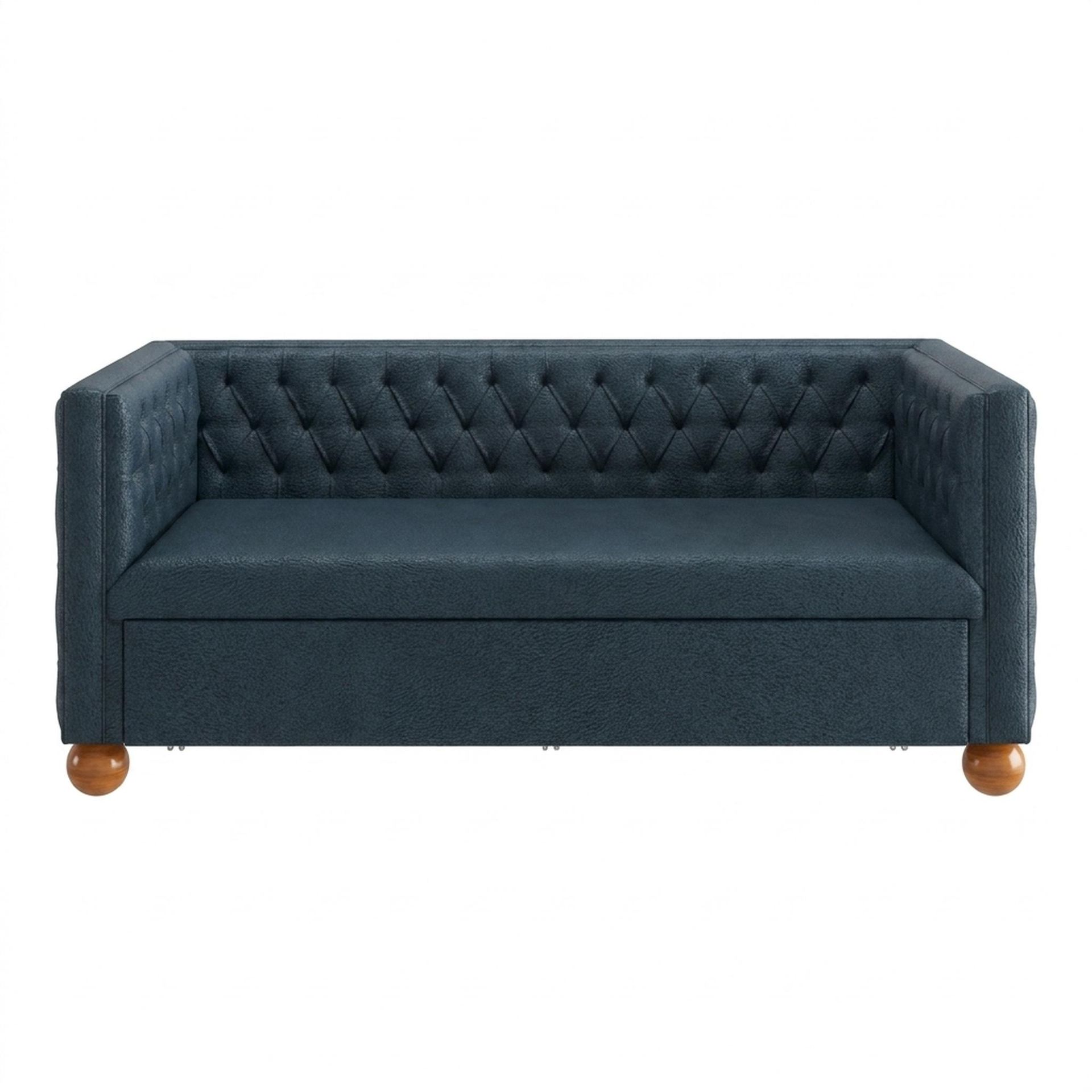 Hayden Home Premium Classic Chesterfield Sofa Bed, Warm Cedar Legs, Essential Vintage Blue Upholstery
