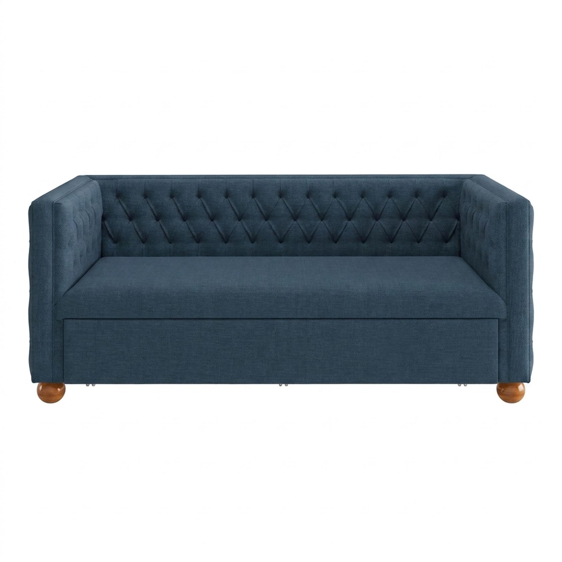 Hayden Home Premium Classic Chesterfield Sofa Bed, Warm Cedar Legs, Essential Aegean Blue Upholstery
