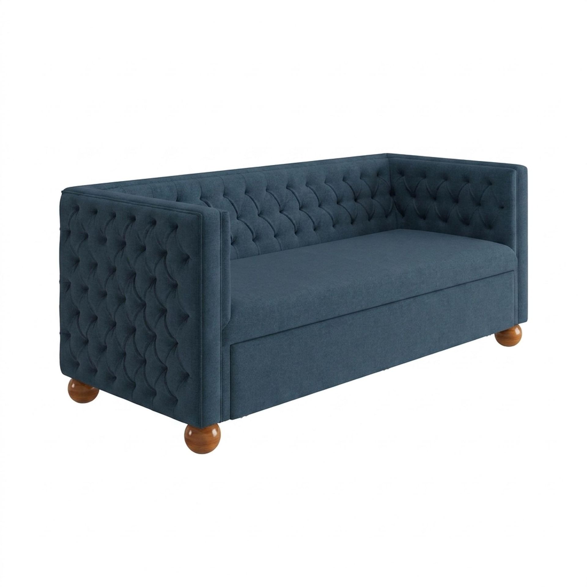 Hayden Home Premium Classic Chesterfield Sofa Bed, Warm Cedar Legs, Essential Aegean Blue Upholstery