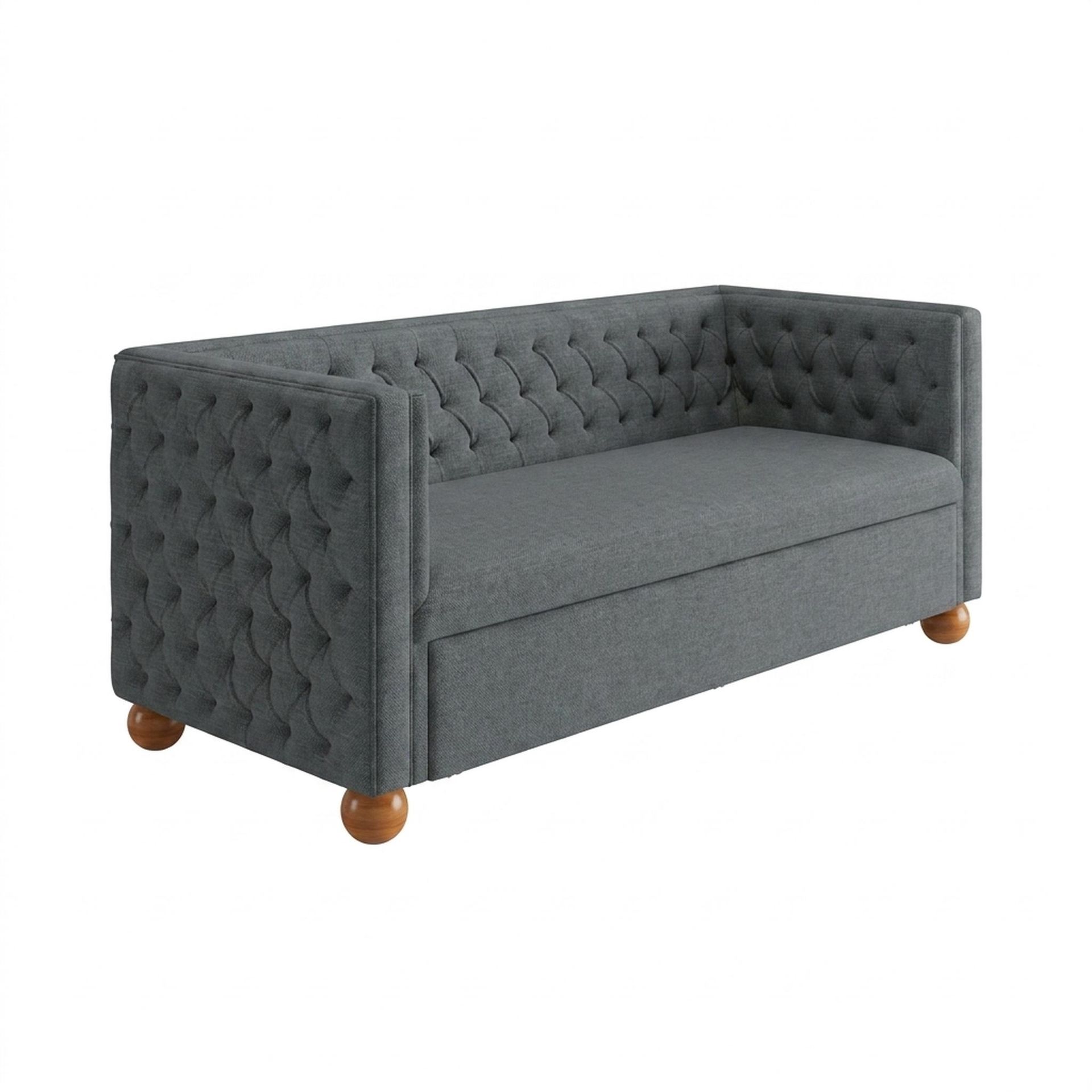 Hayden Home Premium Classic Chesterfield Sofa Bed, Warm Cedar Legs, Premium Steel Grey Upholstery