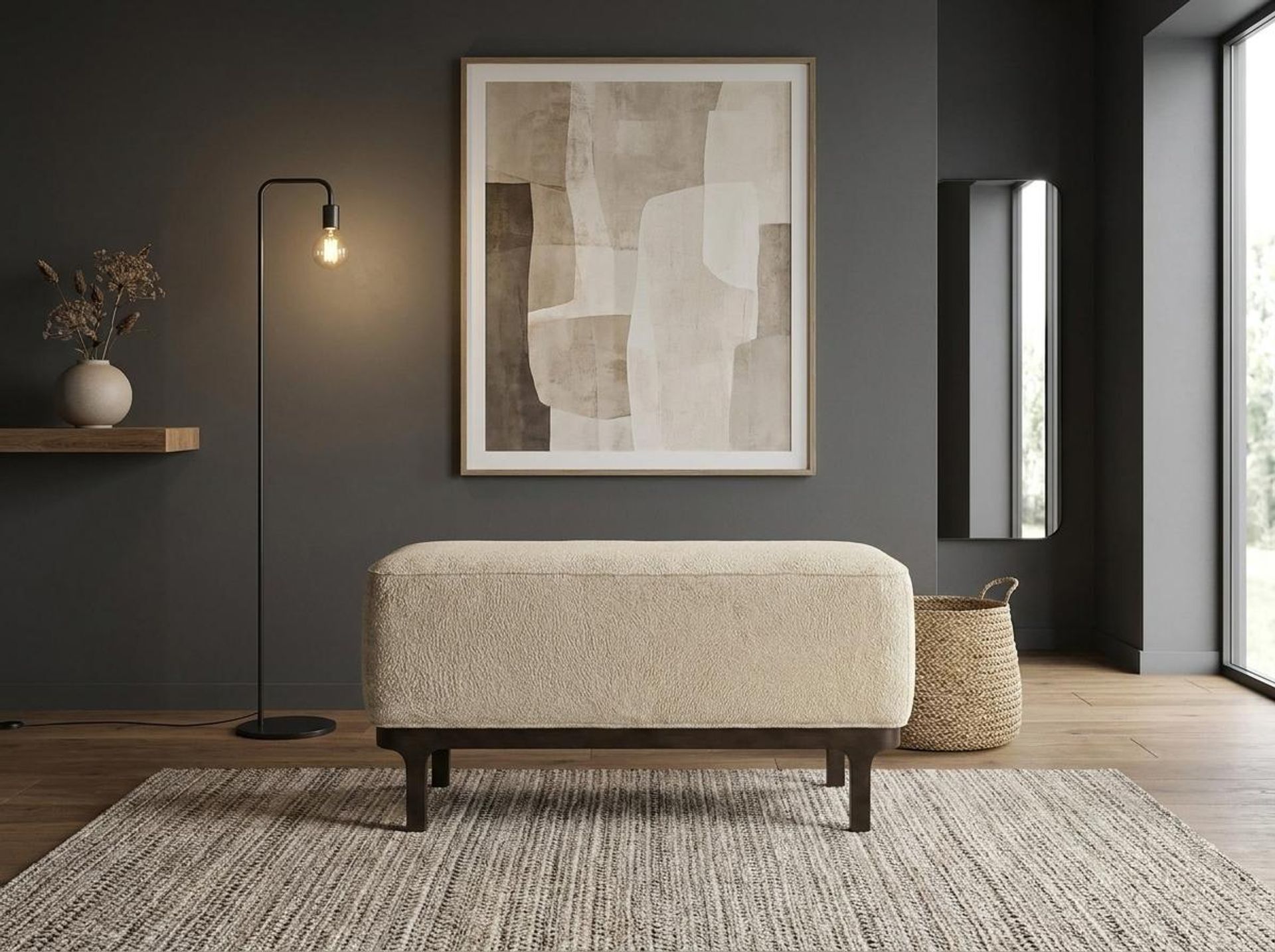 Hayden Home Premium Classic Serenity Bench, Coco Walnut Legs, Essential Sand Upholstery