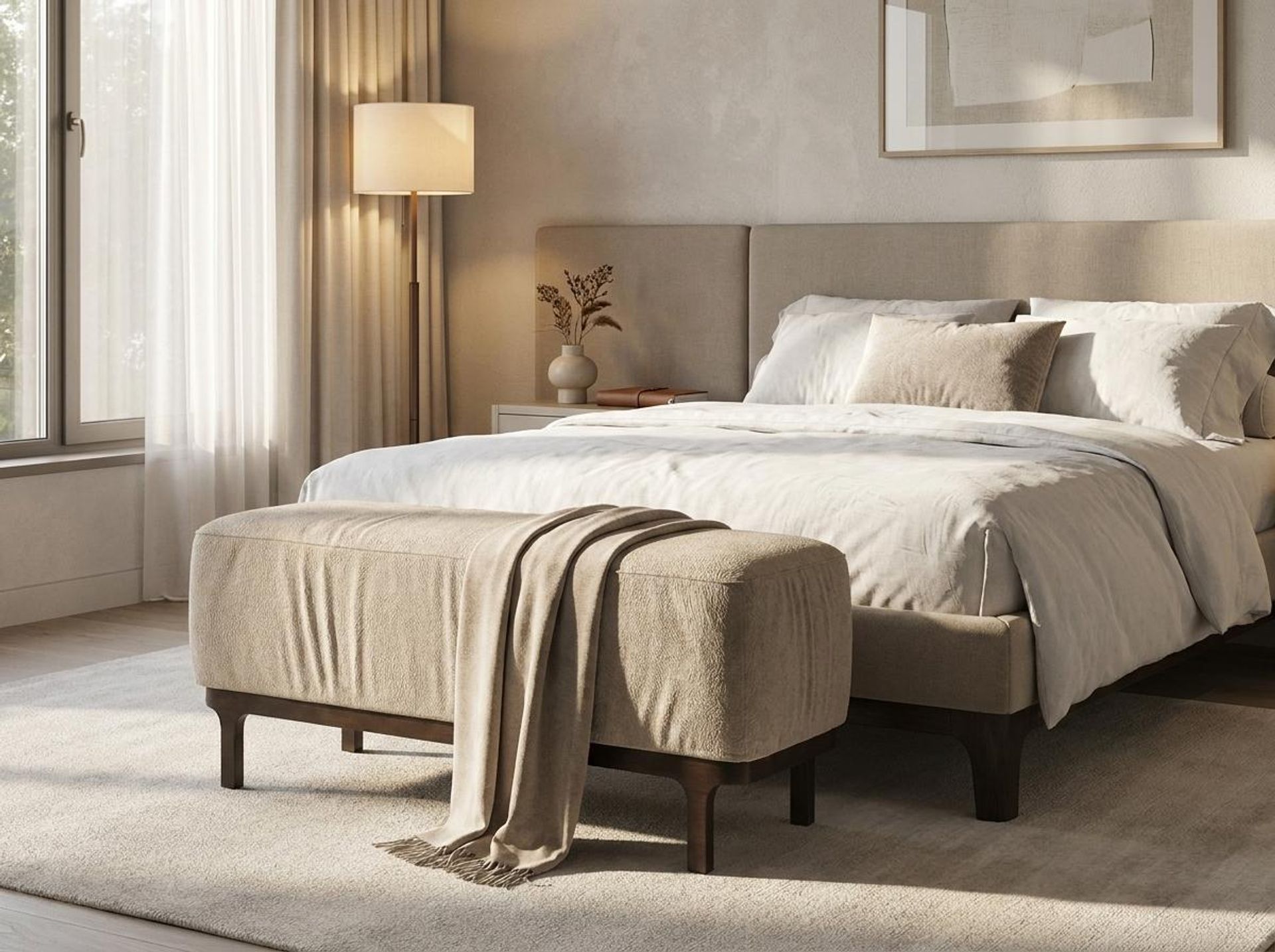 Hayden Home Premium Classic Serenity Bench, Coco Walnut Legs, Essential Bone Upholstery