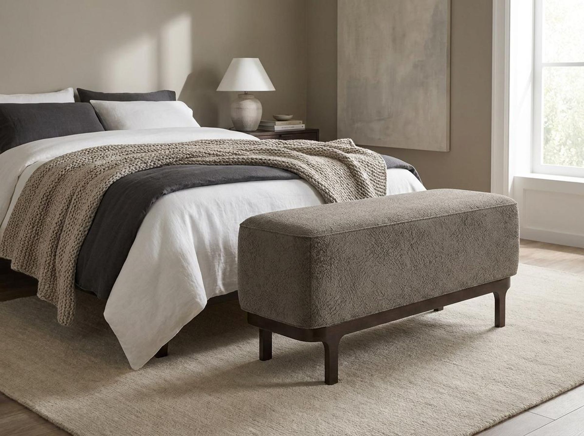 Hayden Home Premium Classic Serenity Bench, Coco Walnut Legs, Essential Biscuit Upholstery