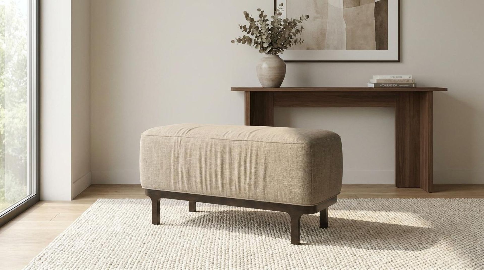 Hayden Home Premium Classic Serenity Bench, Coco Walnut Legs, Premium Dusky Biege Upholstery