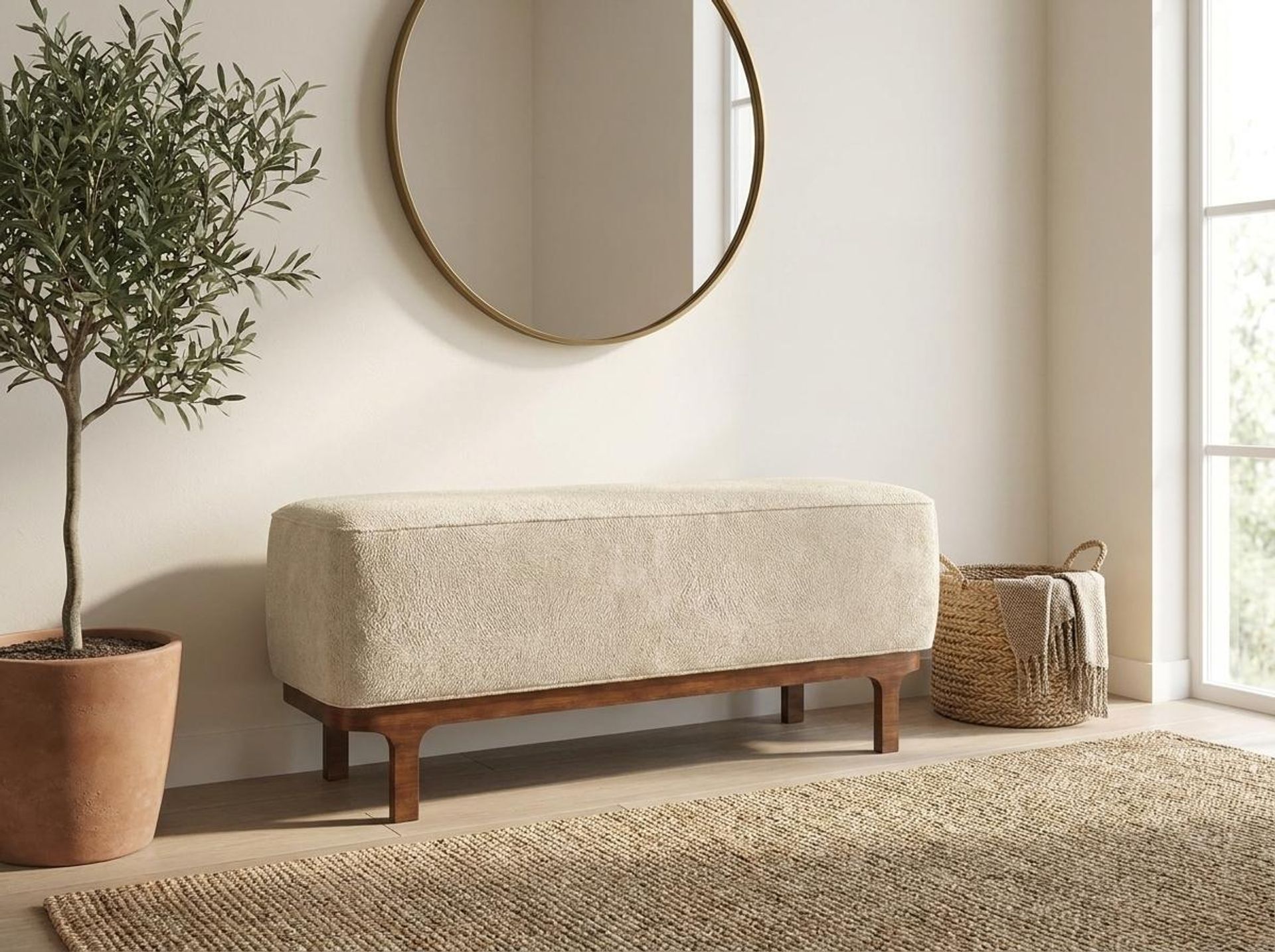 Hayden Home Premium Classic Serenity Bench, Warm Cedar Legs, Essential Sand Upholstery