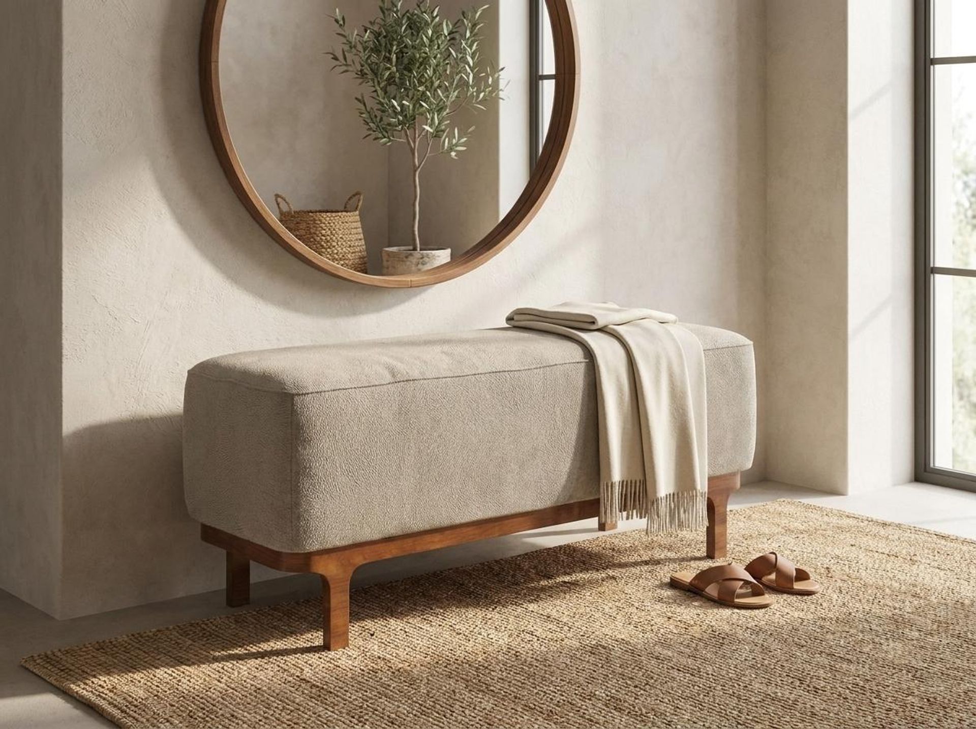 Hayden Home Premium Classic Serenity Bench, Warm Cedar Legs, Essential Bone Upholstery
