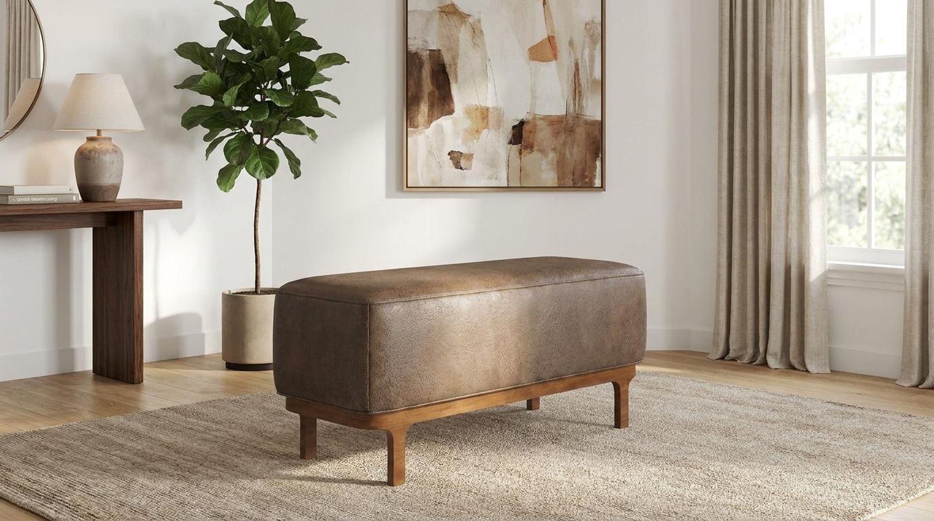Hayden Home Premium Classic Serenity Bench, Warm Cedar Legs, Essential Biscuit Upholstery